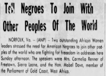 Photo of a newspaper segment with a headline stating 'tell negroes to join with other peoples of the world'