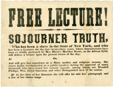 Photo of a flier advertising a free lecture by Sojourner Truth