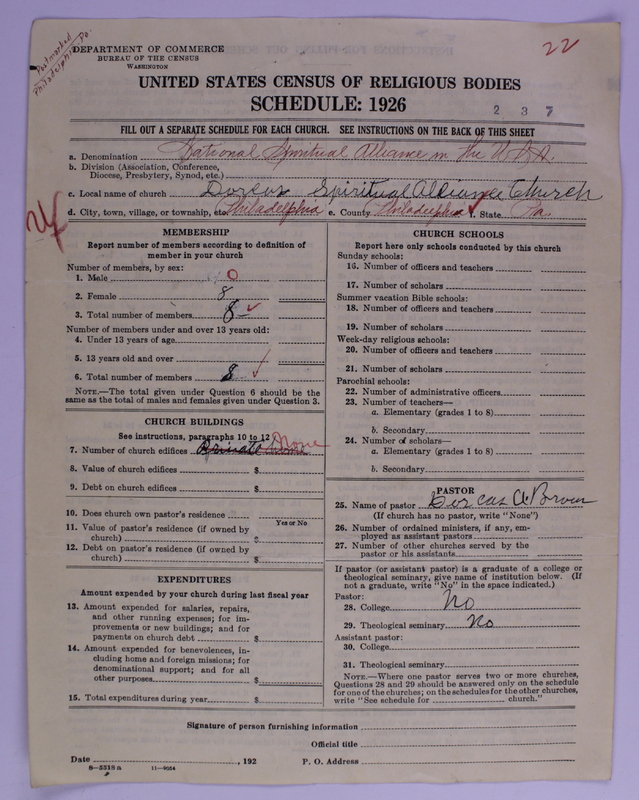 photo of a schedule from the 1926 census of religious bodies with information on the Dorcas Spiritual Alliance Church