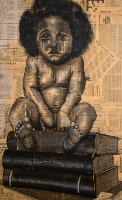 painting of a solemn baby sitting atop books