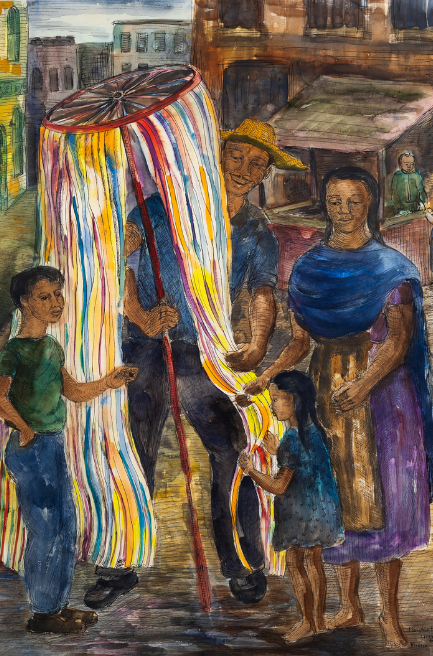 a painting of a man, woman, and two children standing around a wheel of ribbons