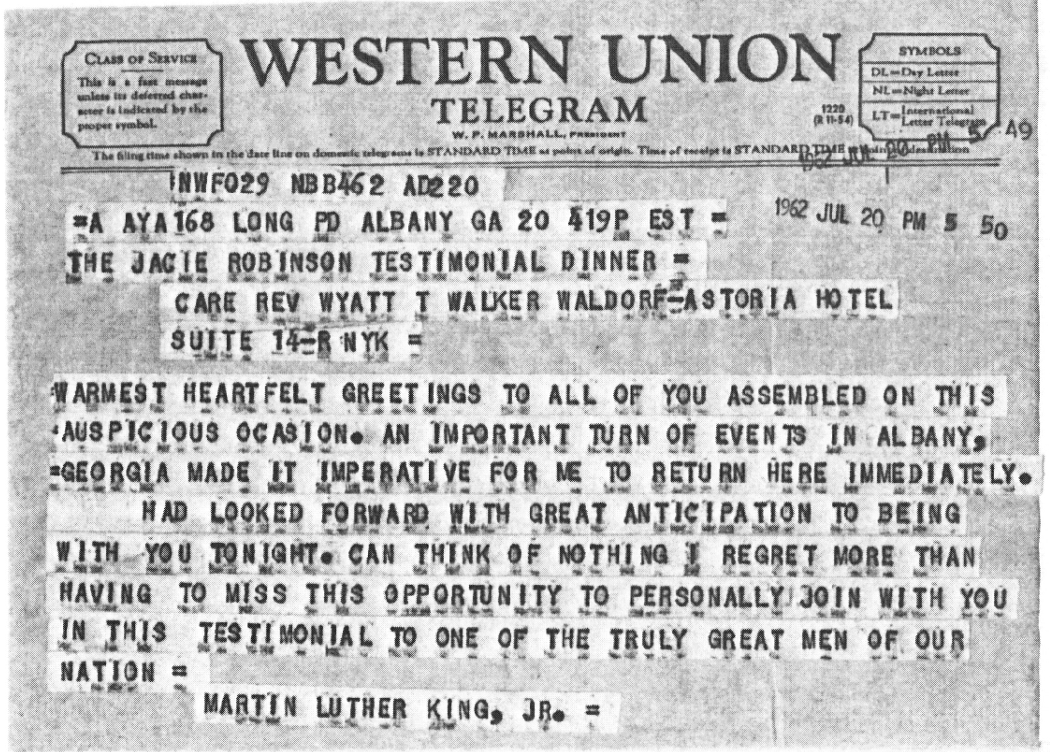 Photo copy of the telegram sent from Martin Luther King Jr. about Jackie Robinson