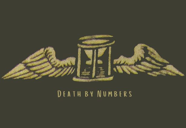 Death by Numbers logo, hourglass with wings on either side