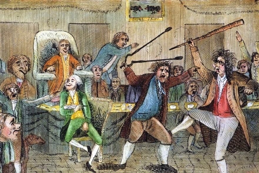 An illustration of two congressmen fighting on the floor of the House of Representatives.