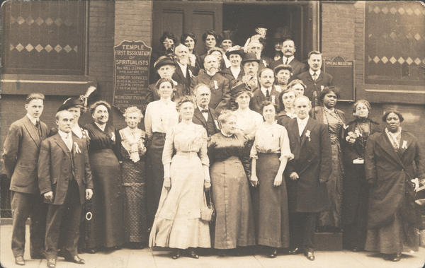 A group of Spiritualists on the steps of their temple completed in 1917.