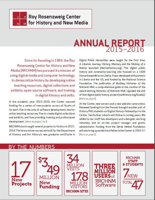 The cover page for the 2015 to 2016 RRCHNM annual report.