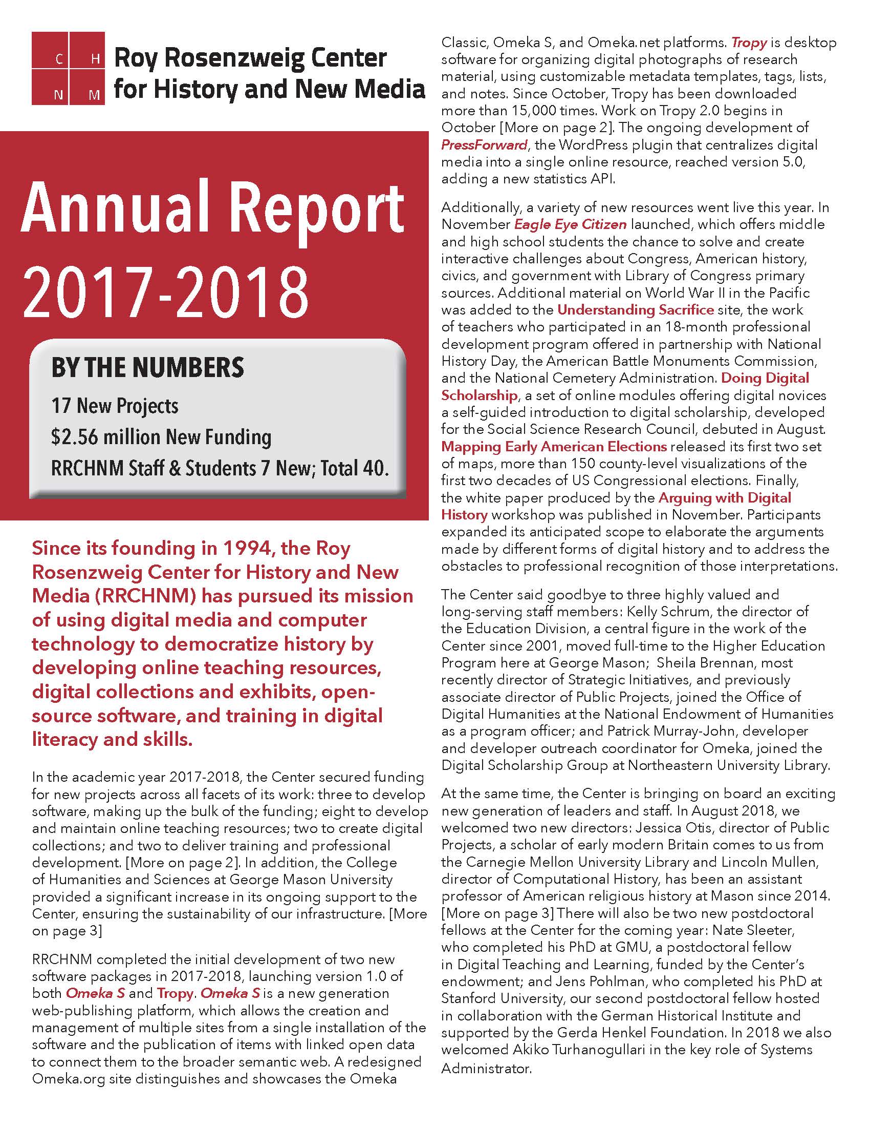 The cover page for the 2017 to 2018 RRCHNM annual report.