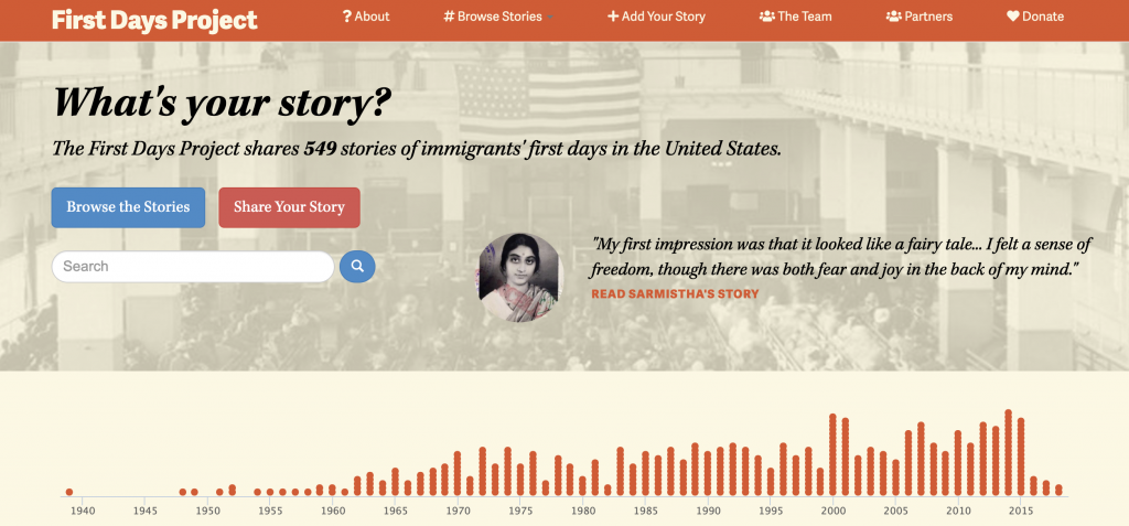 First Days Project website
What's your story?
The First Days Project shares 549 stories of immigrants' first days in the United States.

"My first impression was that it looked like a fairy tale... I felt a sense of freedom, though there was both fear and joy in the back of my mind."
READ SARMISTHA'S STORY