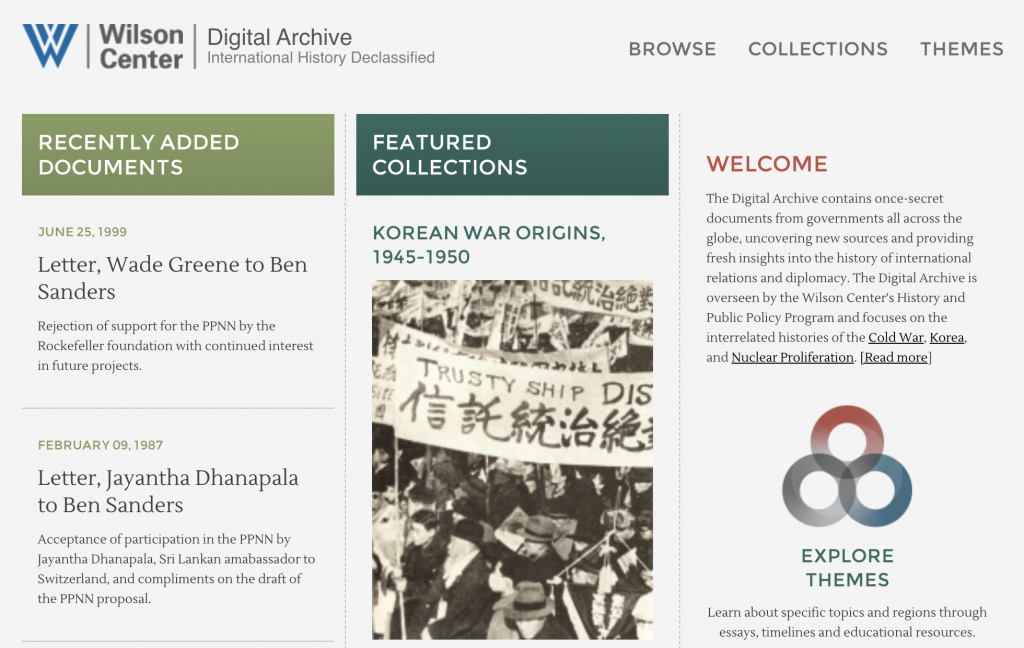 An overview of Digital Archive: International History Declassified website. International History Declassified.
The left column shows recently added documents. The middle column shows features collections. The right column shows the welcome page explaining what the archive's objectives and goals are.