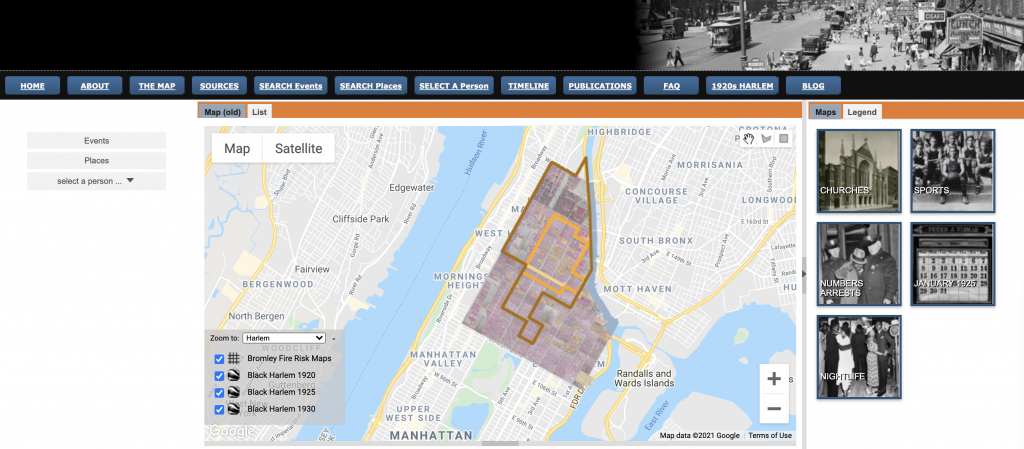 An overview of Digital Harlem website, showing a Google Map view or the area, as well as key legends such as churches, sports, numbers arrests, January 1925, and Nightlife.