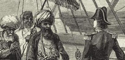 a drawing of 4 men conversing on a ship. Three wear north african gard and one wears a navy uniform.
