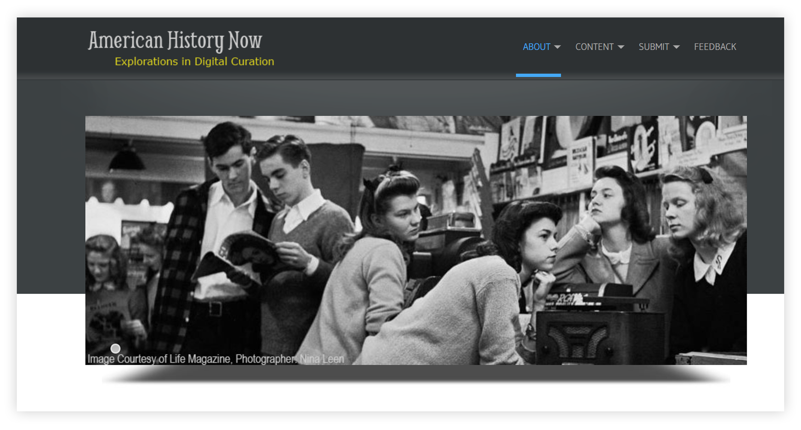 A screengrab of the American History Now website navigation and hero image.