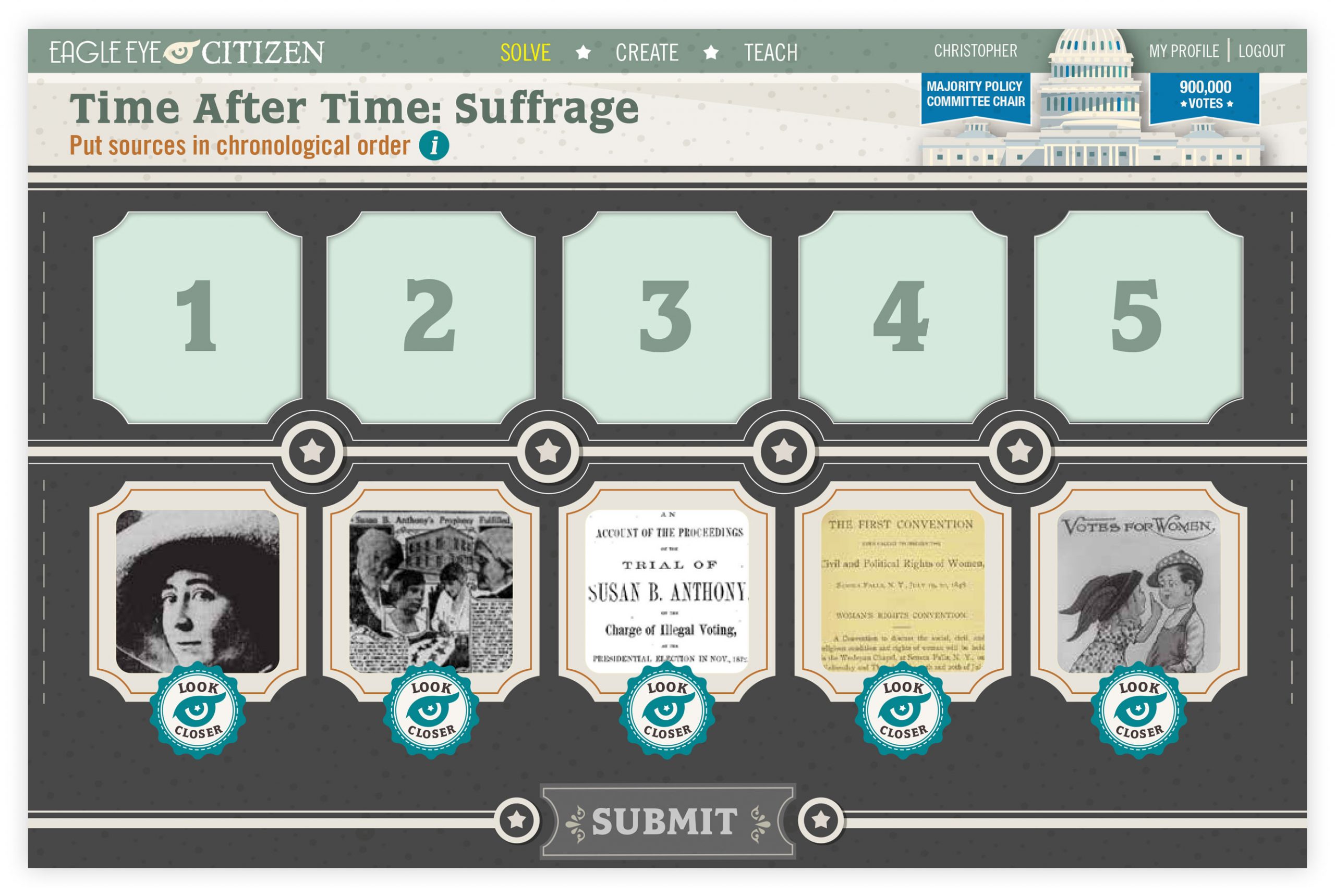 Screengrab of a Time After Time challenge from the Eagle Eye Citizen website for the topic of Suffrage.