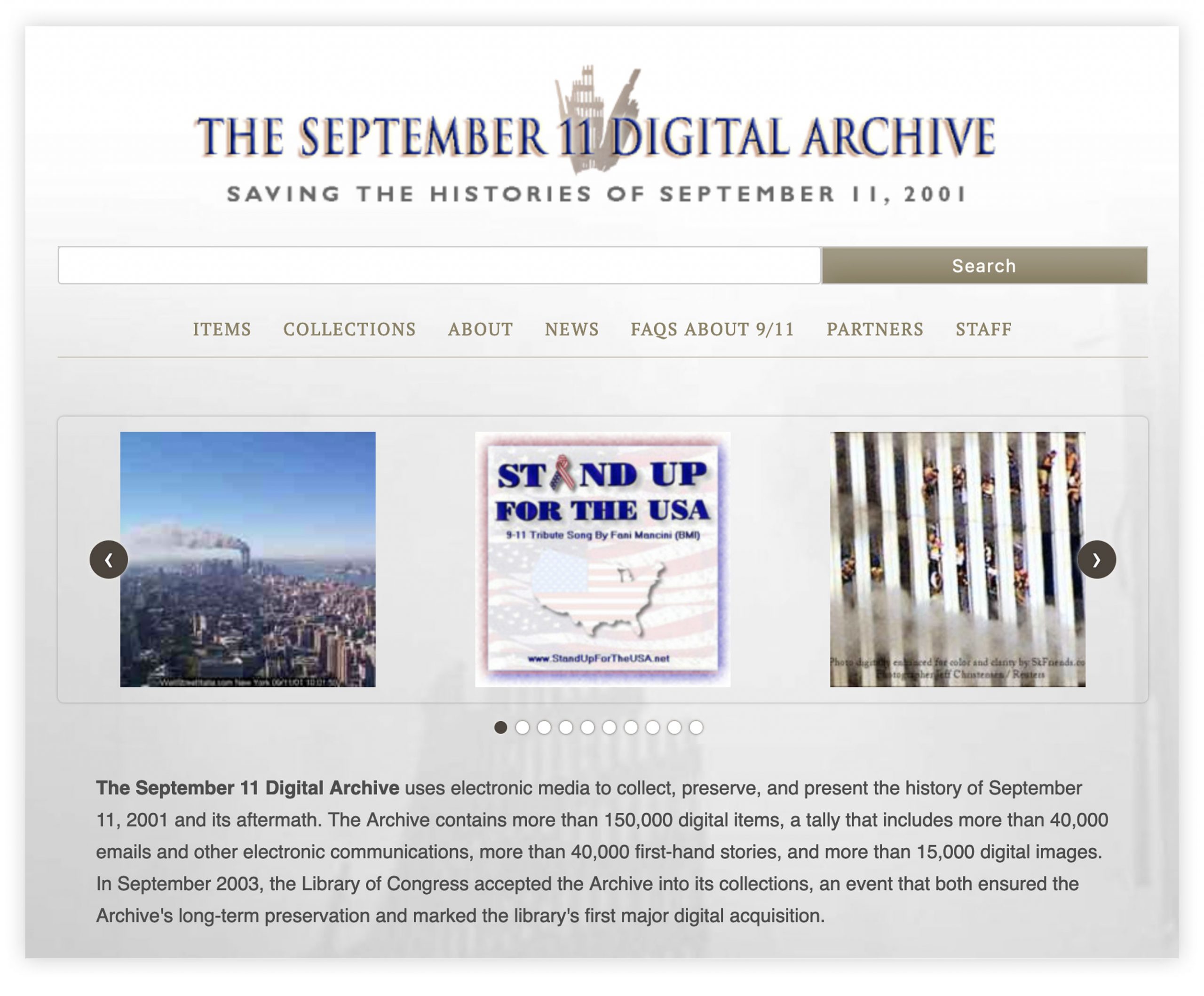Screengrab of The September 11 Digital Archive website home page.