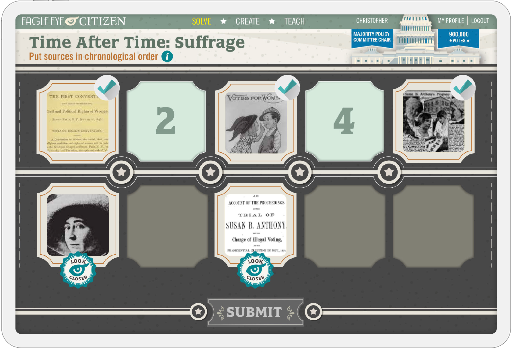 Screengrab of a Time After Time challenge from the Eagle Eye Citizen website for the topic of Suffrage.