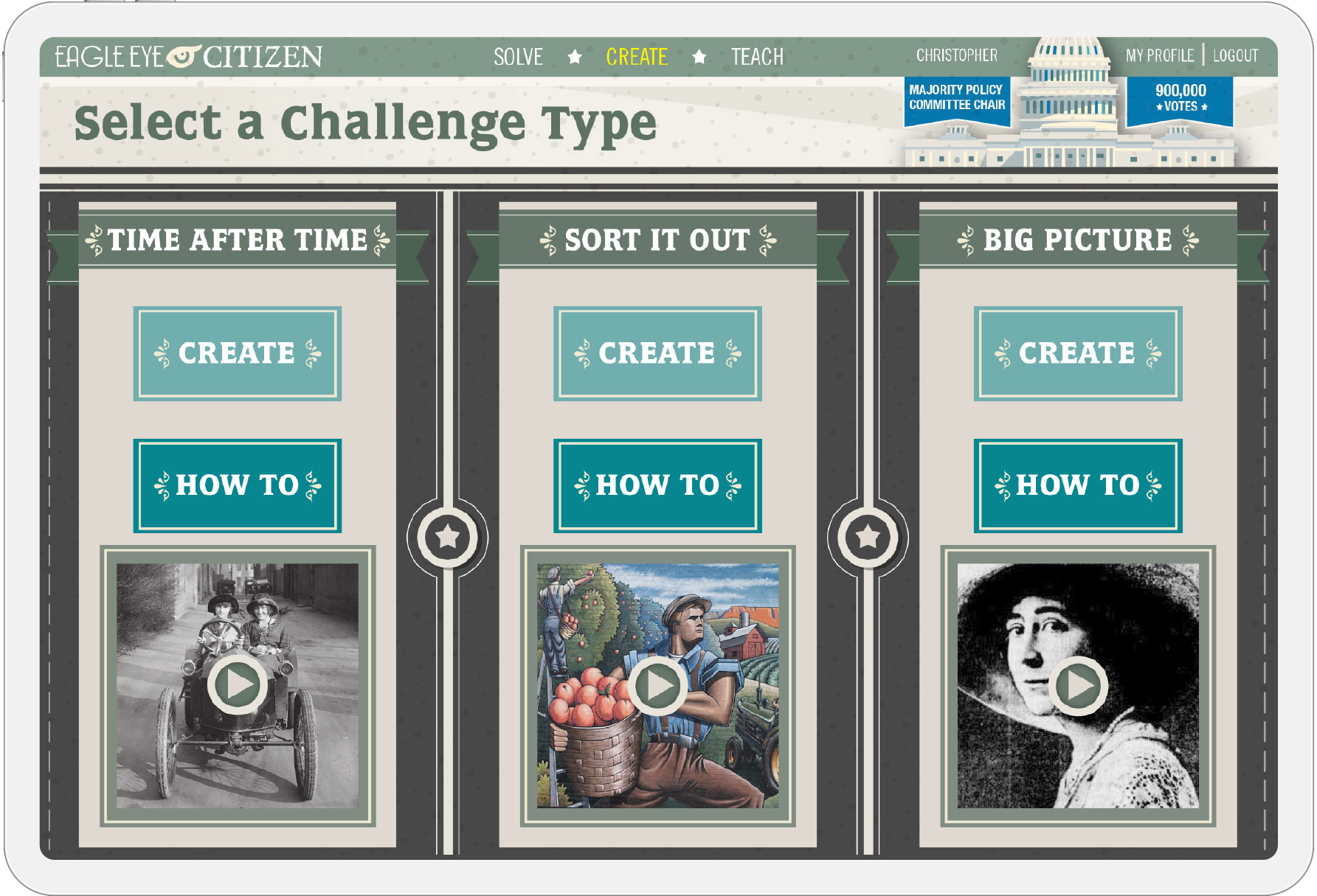 Screengrab from the Eagle Eye Citizen website showing different challenge types: "Time After Time, Sort It Out, Big Picture"