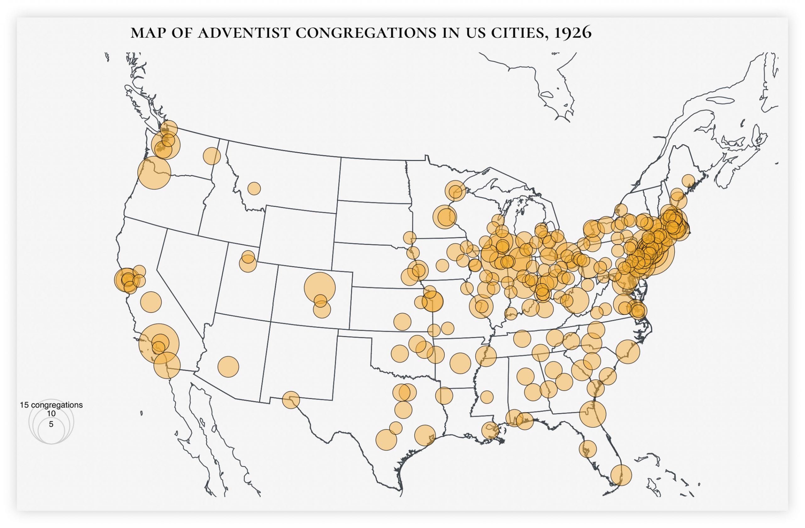 Map of the United States showing a circle graph of the number of Adventist congregations in US cities in 1926.
