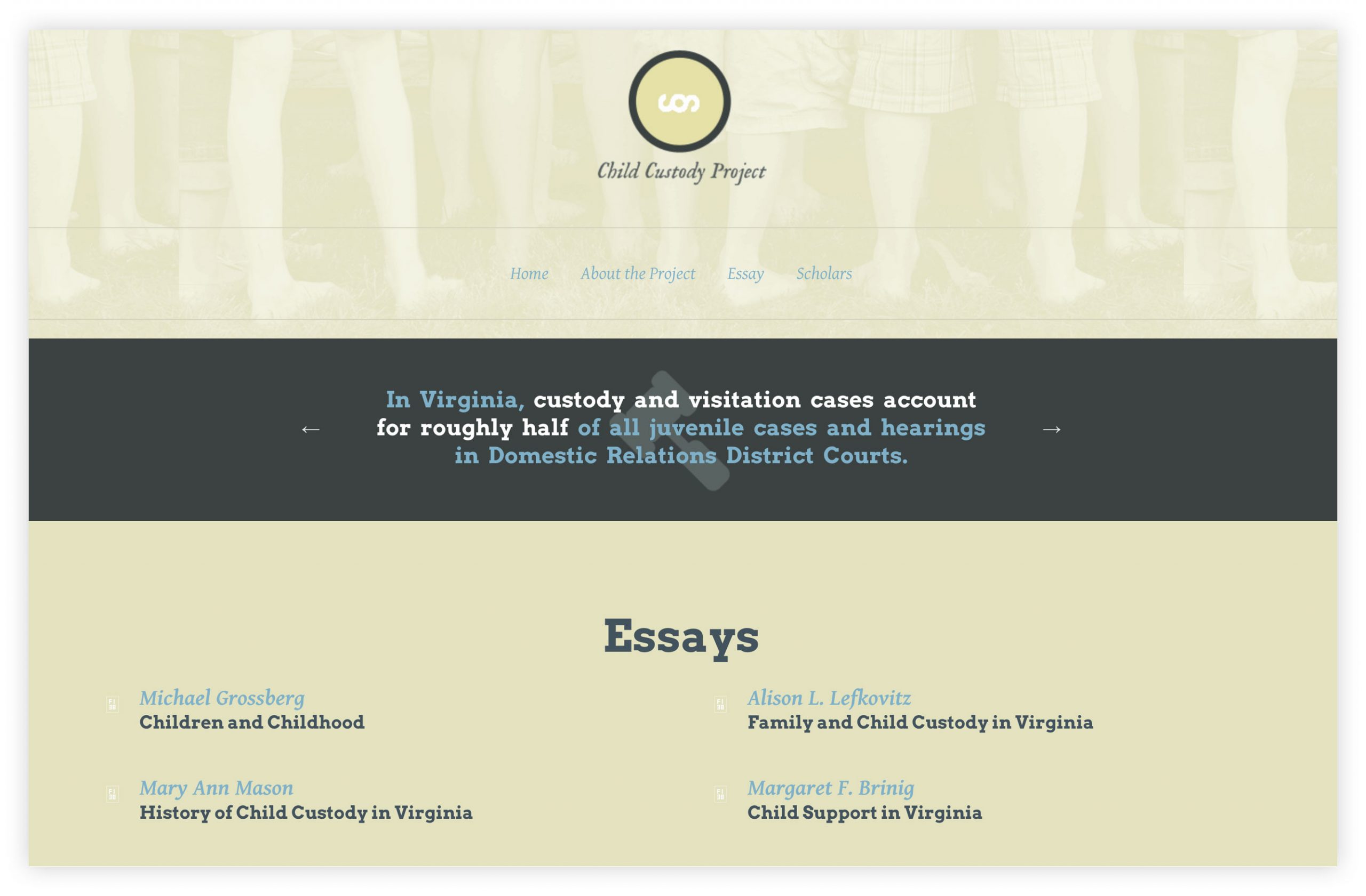 Screengrab of the Child Custody Project website Essays page.