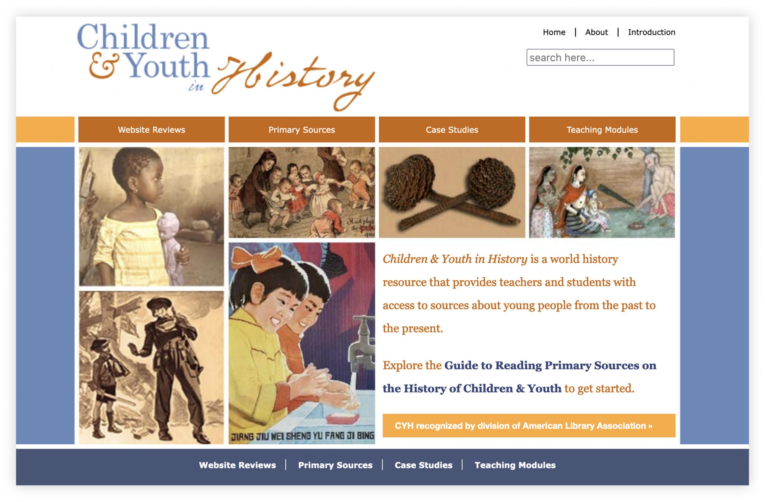 Screengrab of the Children and Youth in History home page.