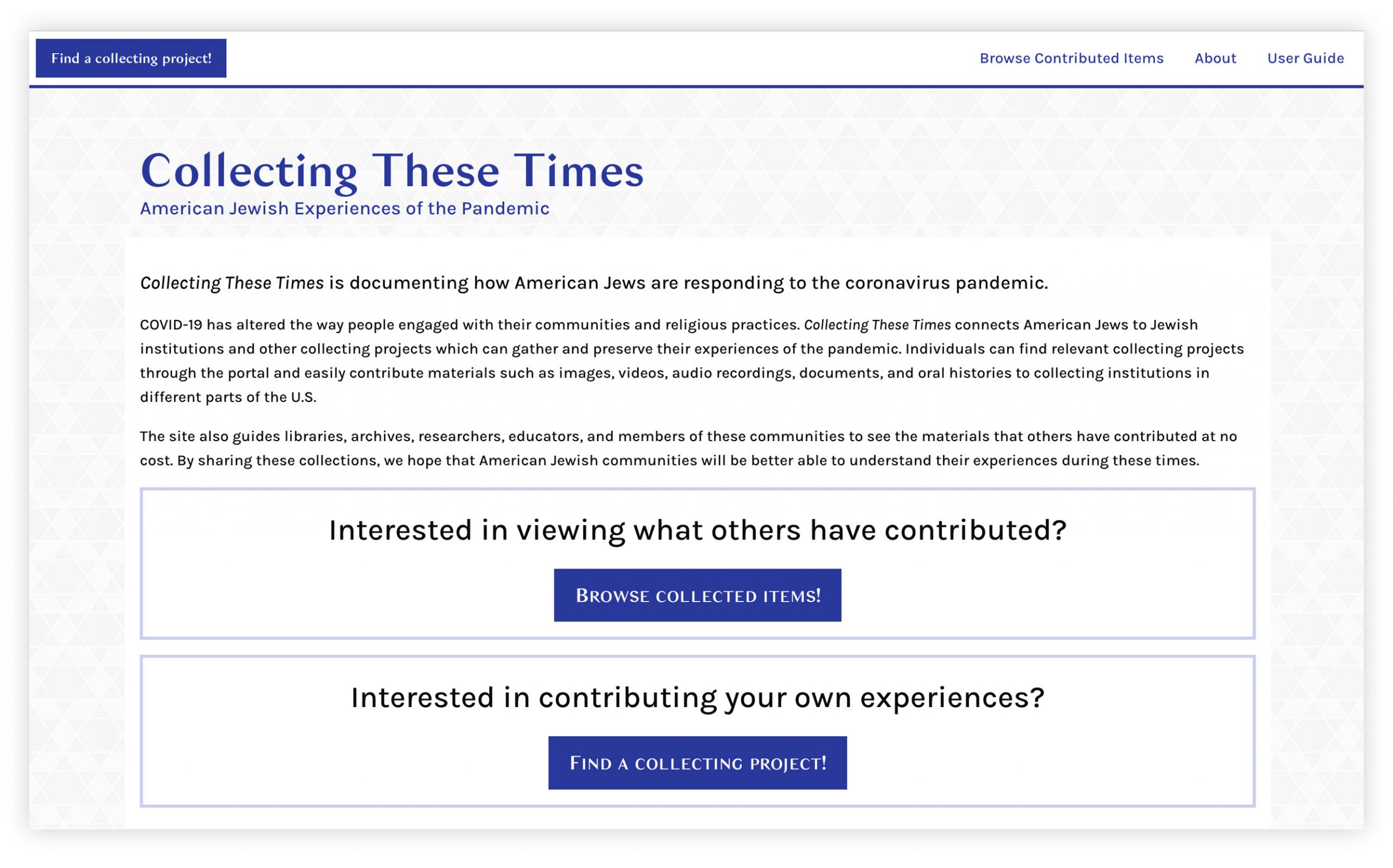 Screengrab of the Collecting These Times home page.