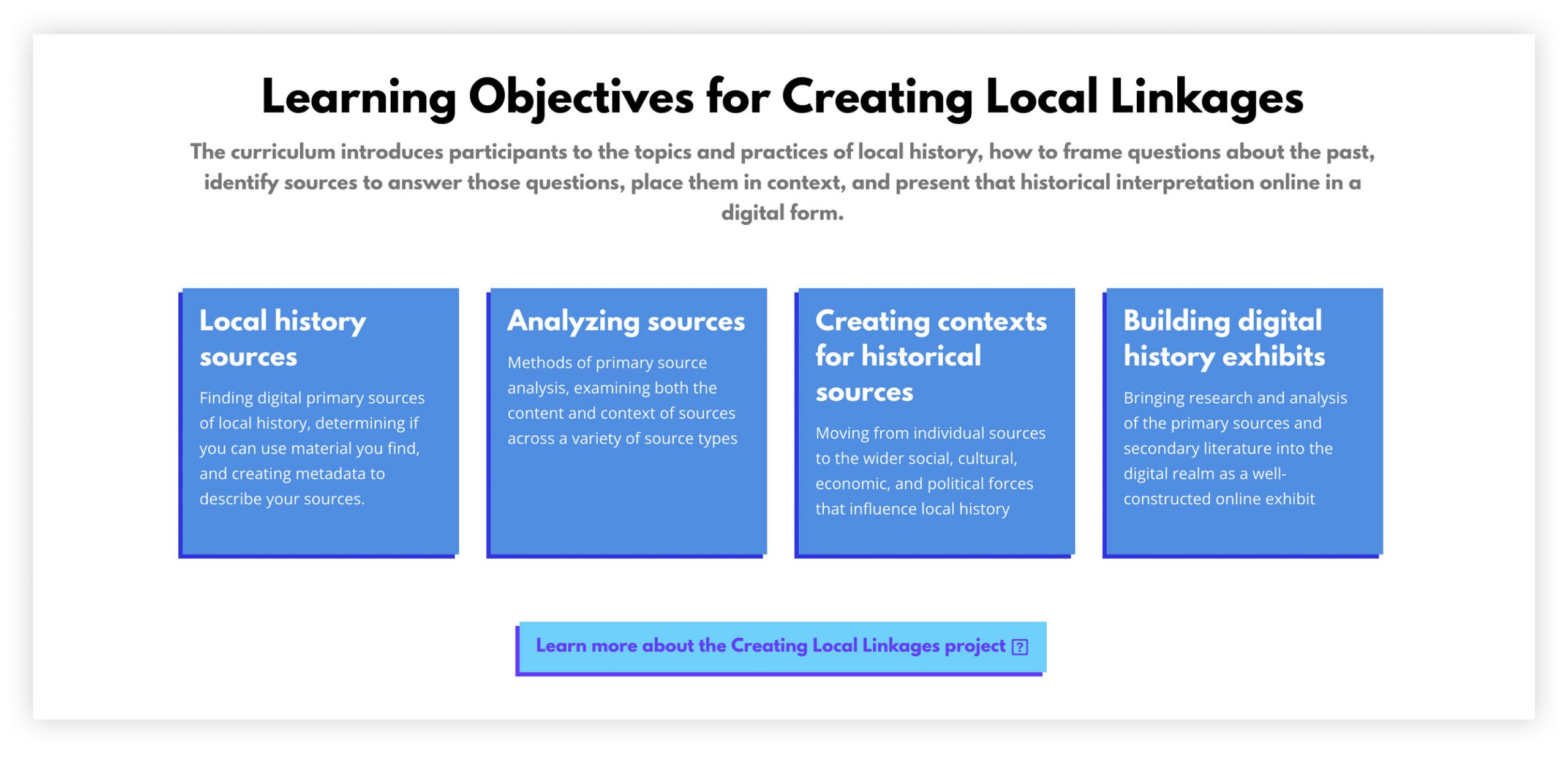Screengrab of the Creating Local Linkages website which reads, "Learning Objectives for Creating Local Linkages — The curriculum introduces participants to the topics and practices of local history, how to frame questions about the past, identify sources to answer those questions, place them in context, and present that historical interpretation online in a digital form."