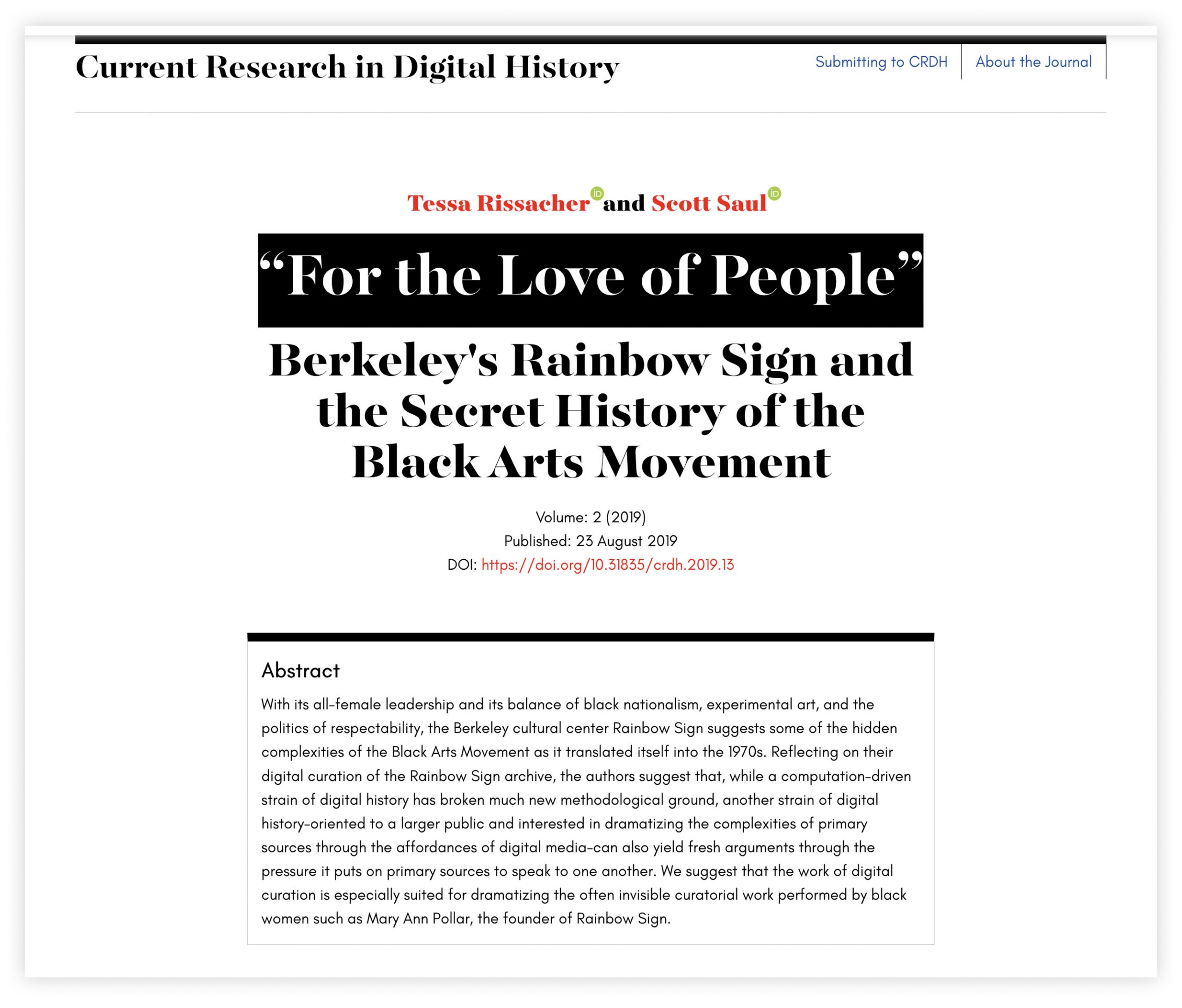 Screengrab of the Current Research in Digital History Journal website home page.