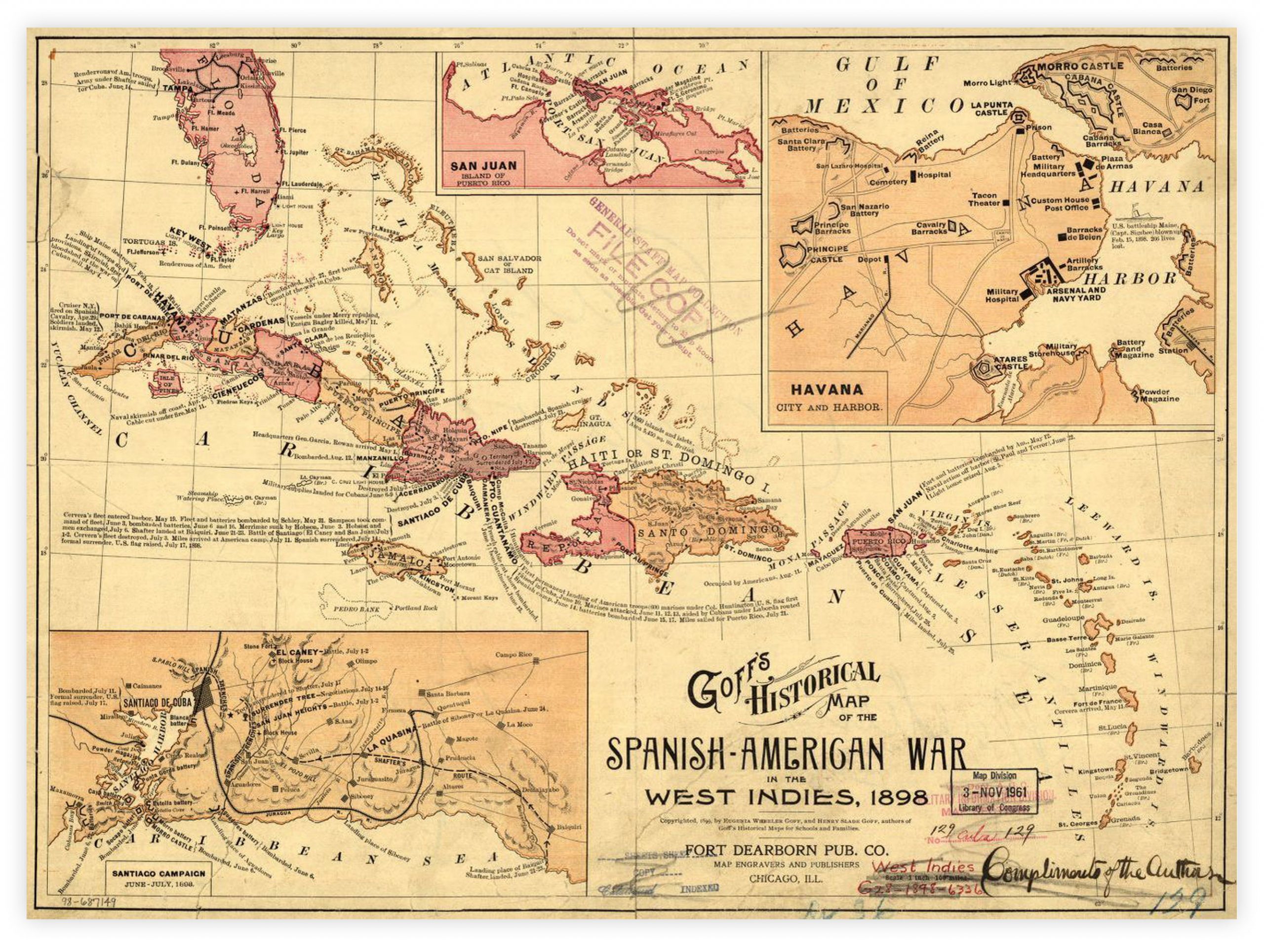 Map of Cuba highlighting significant locations in the Spanish-American War.