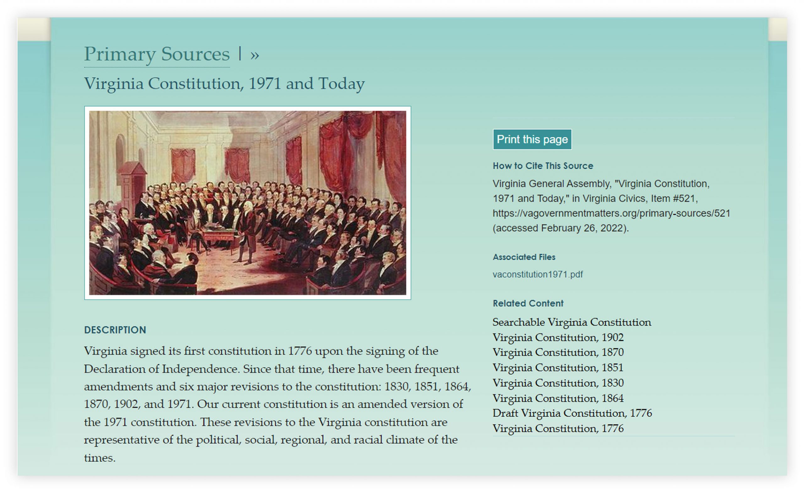 Screengrab of the For Virginians: Government Matters website Primary Sources page.