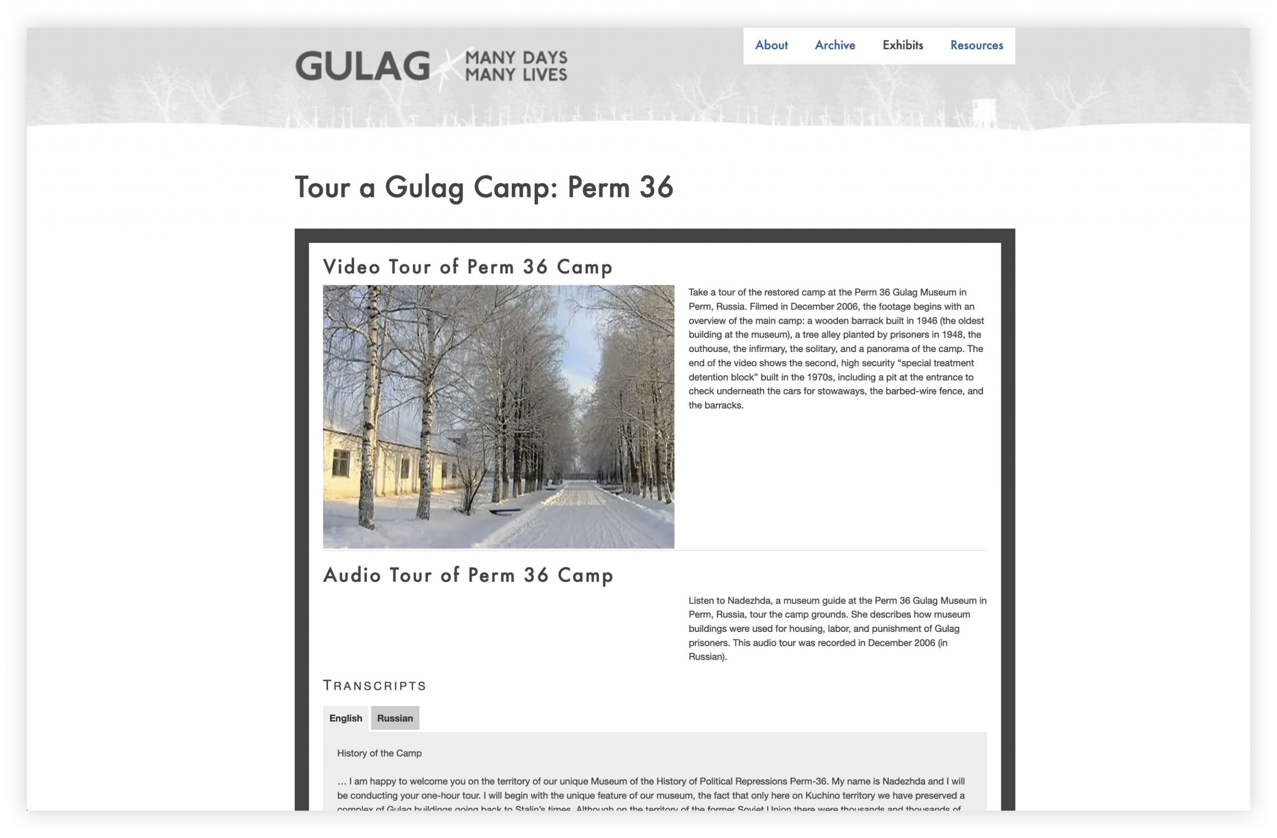 Screengrab from the Exhibits section of the Gulag website which reads, "Tour a Gulag Camp: Perm 36."