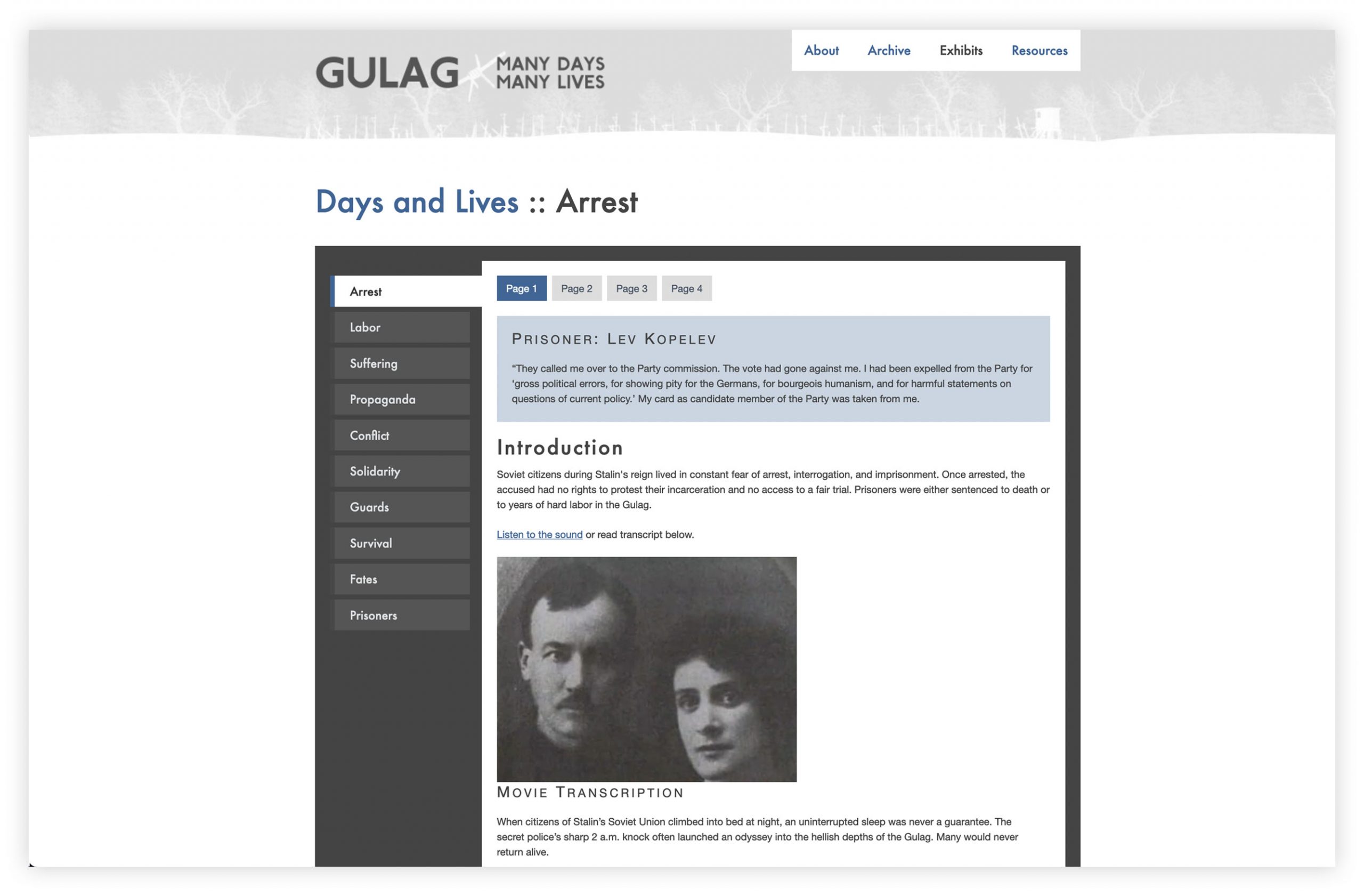 Screengrab from the Gulag: Many Days, Many Lives website Arrest section.
