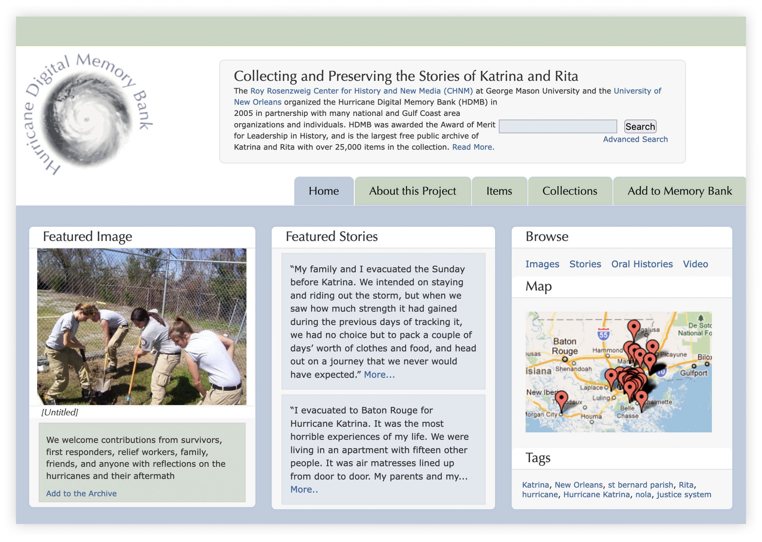 Screengrab of the Hurricane Digital Memory Bank website home page.