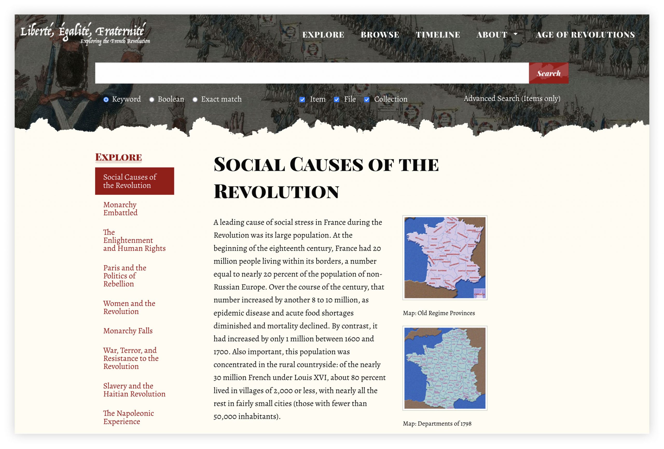 Screengrab of a Liberte, Egalite, Fraternite website Explore page which reads, "Social Causes of the Revolution."