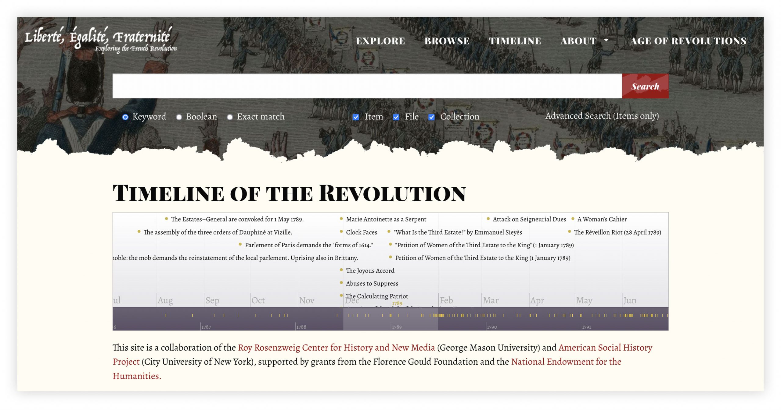 Screengrab of the Liberte, Egalite, Fraternite website Timeline page.