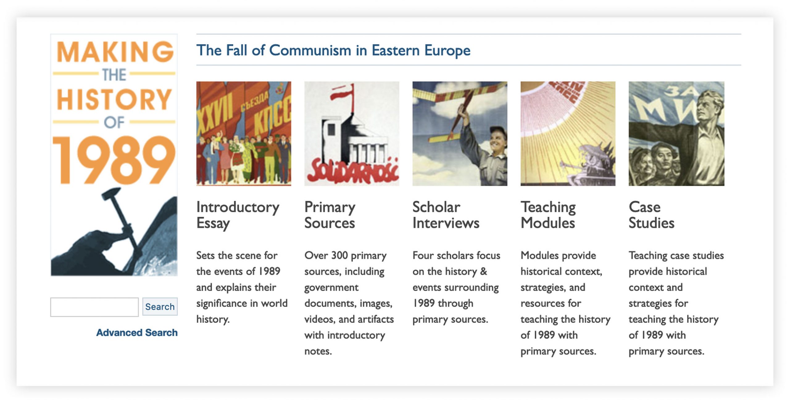 Screengrab of the Making the History of 1989 website lesson page for The Fall of Communism in Eastern Europe..