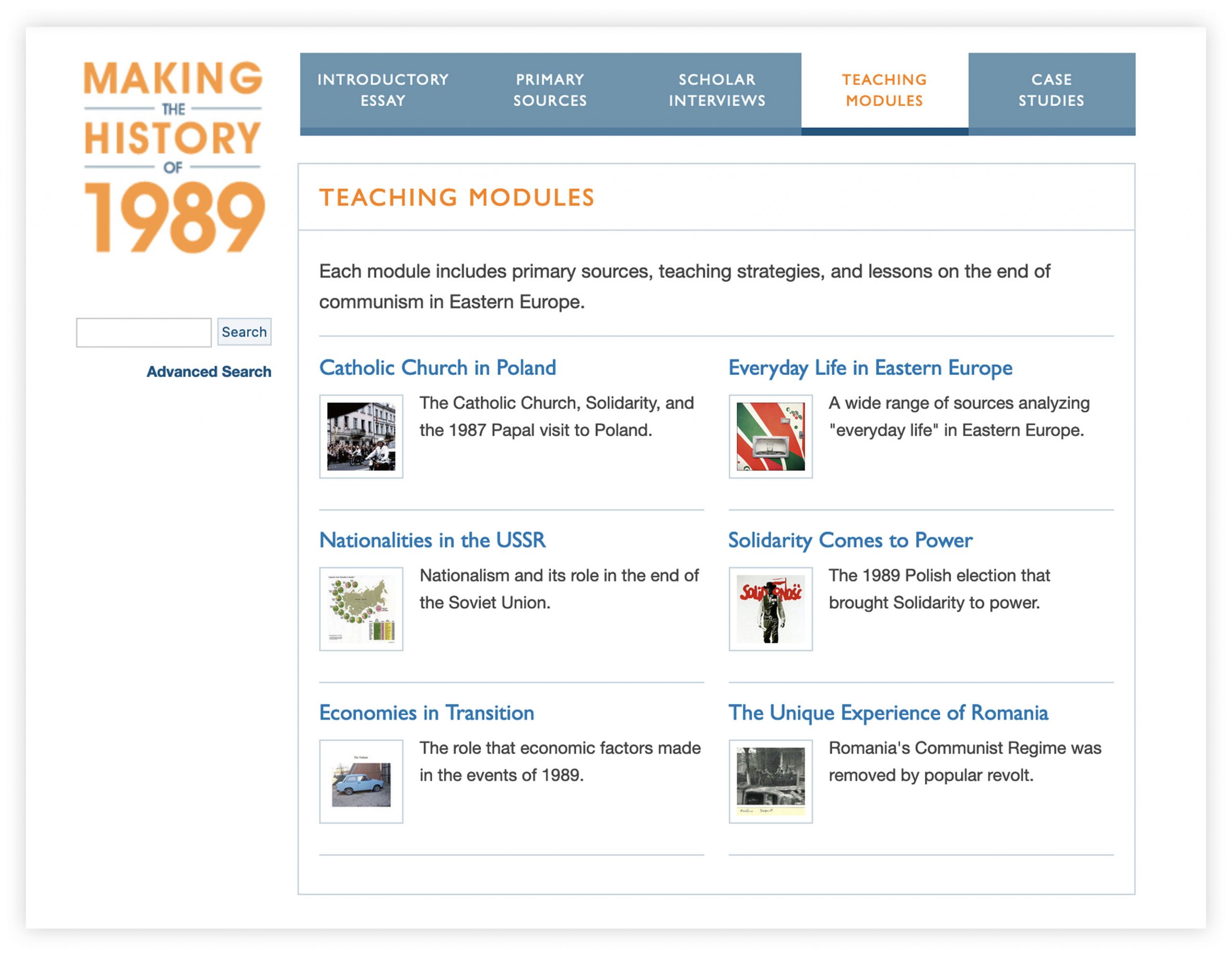 Screengrab of the Making the History of 1989 website Teaching Modules page.