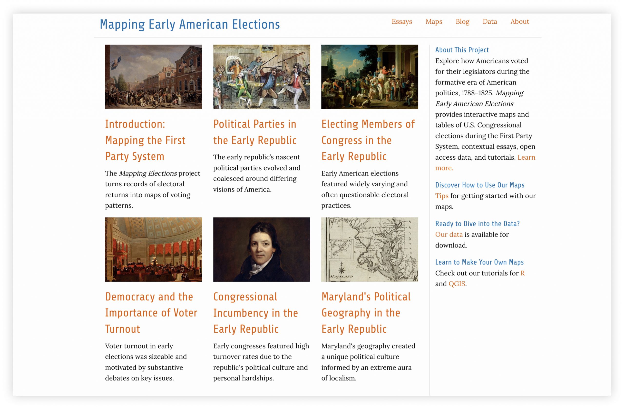 Screengrab of the Mapping Early American Elections website home page.