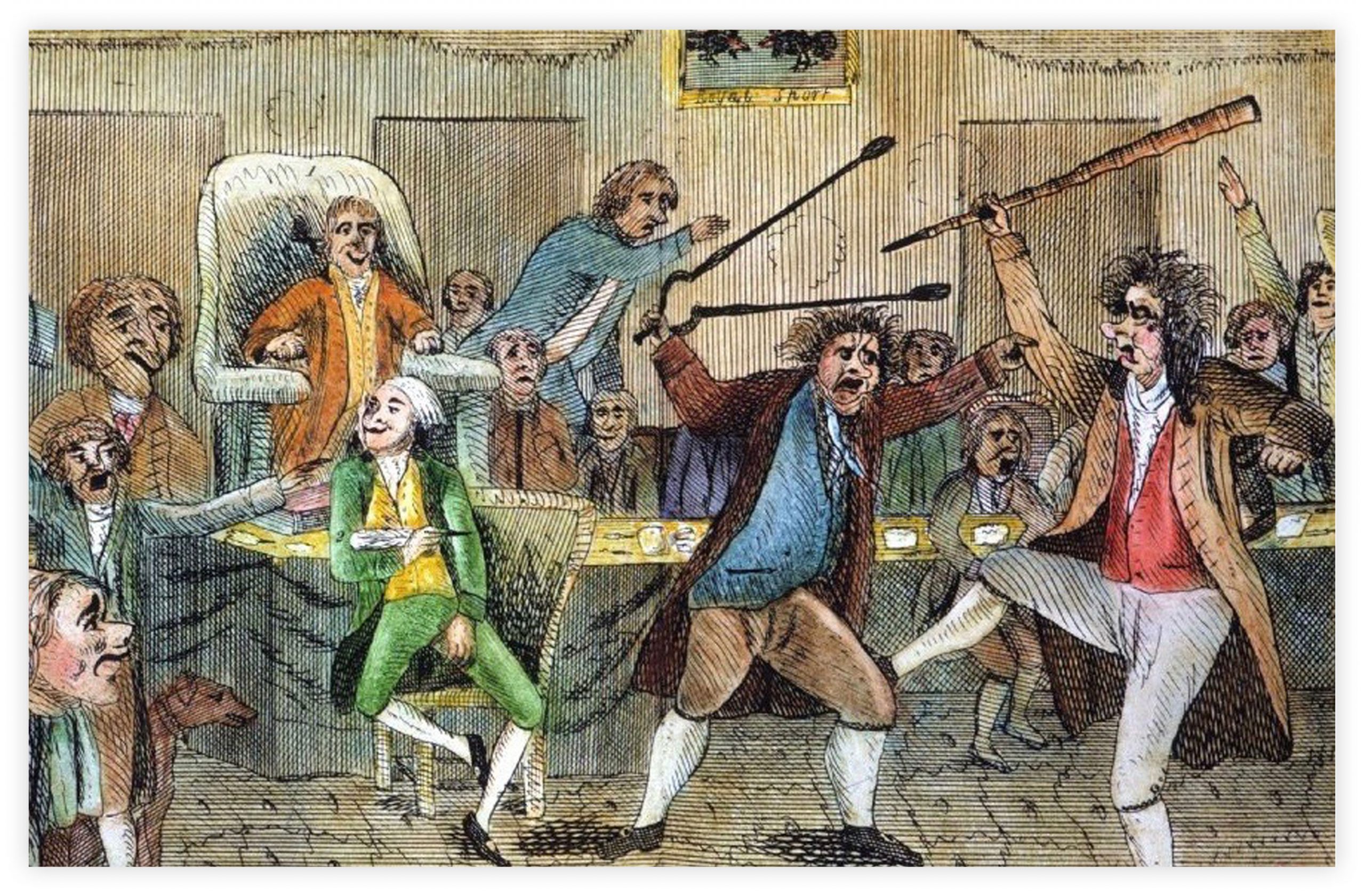 Congressional Pugilists (1798) Philadelphia, PA (Library of Congress). In 1798, after a bitter personal exchange on the floor of the US House of Representatives, Federalist Roger Griswold of Connecticut grabbed a cane and attacked Democratic-Republican Matthew Lyon of Vermont. Lyon grabbed a nearby pair of fireplace tongs and lashed out against his adversary. This image reflects the heightened nature of political antagonisms that erupted in the 1790s with the emergence of the country’s first political parties.