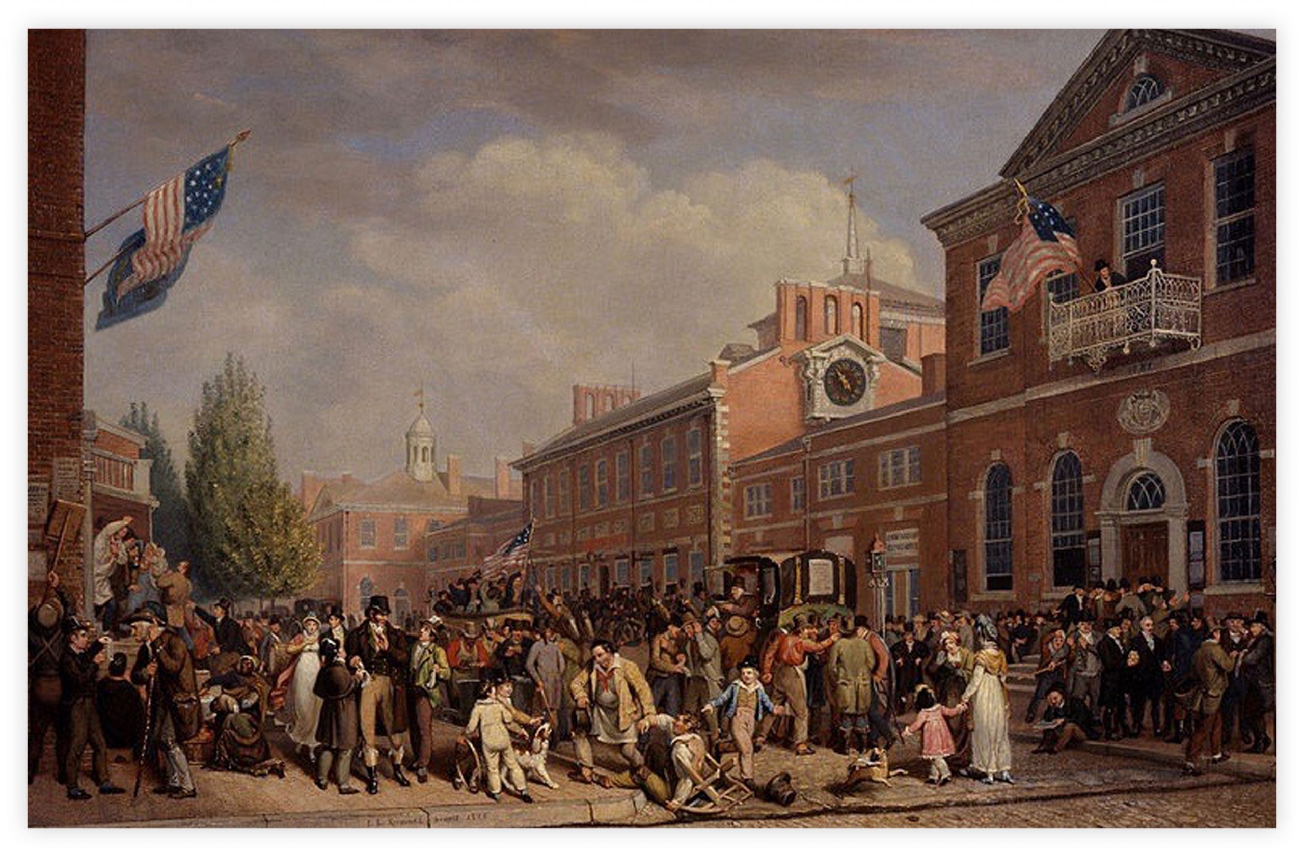 Election at the State House (c. 1815) by John Lewis Krimmel (The Historical Society of Pennsylvania). This is one of only a few contemporary images of an election scene from the early American republic. Set in Philadelphia in 1815, the image shows a wide range of people, including women, children, and lower-class white men, engaged a variety of activities in front of the State House. The election has an almost carnivalesque atmosphere, typical for elections at the time.
