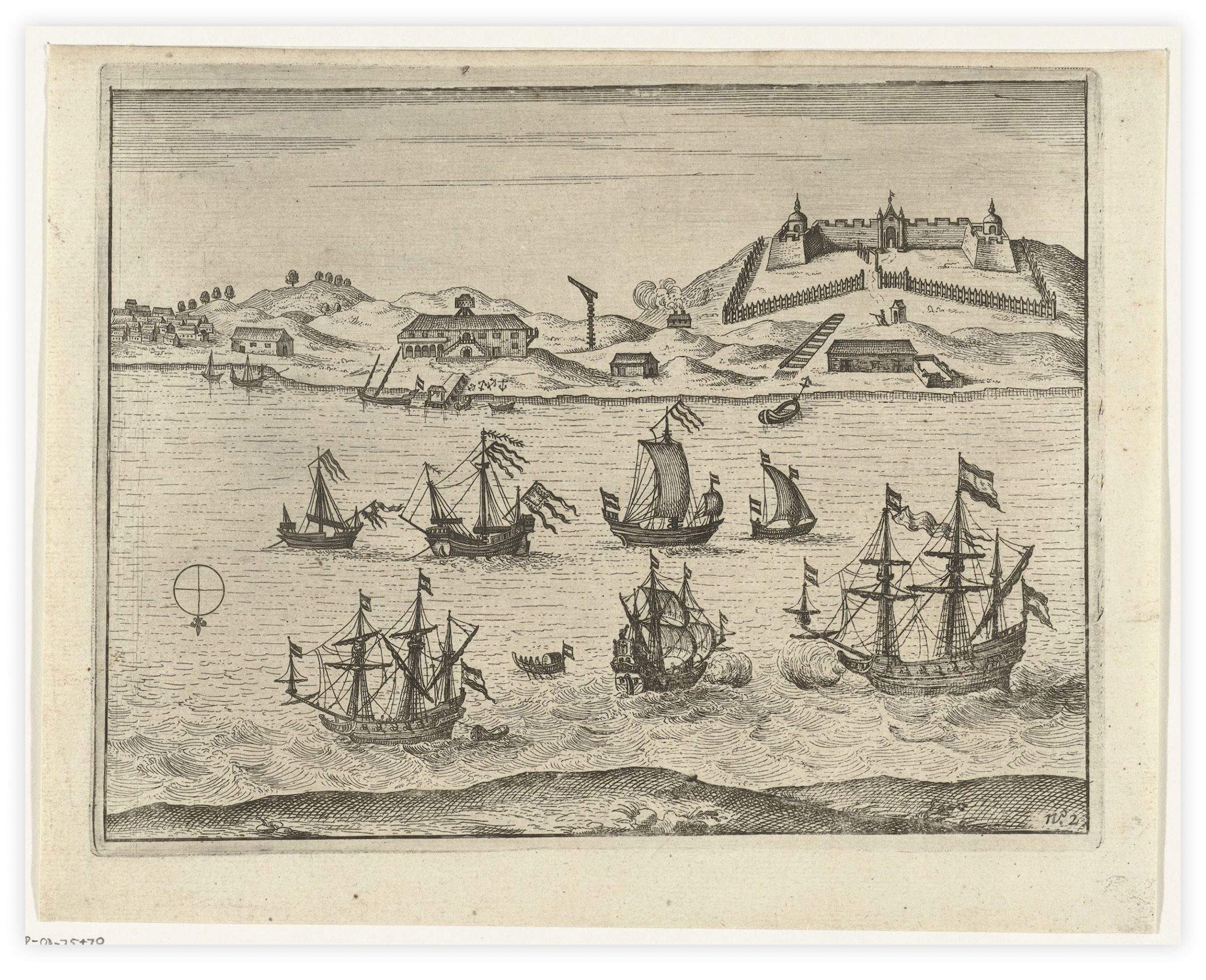 A drawing depicting Fort Zeelandia from the sea. Seven ships in the foreground. On land can be viewed several buildings and a fort surrounded by a fence.