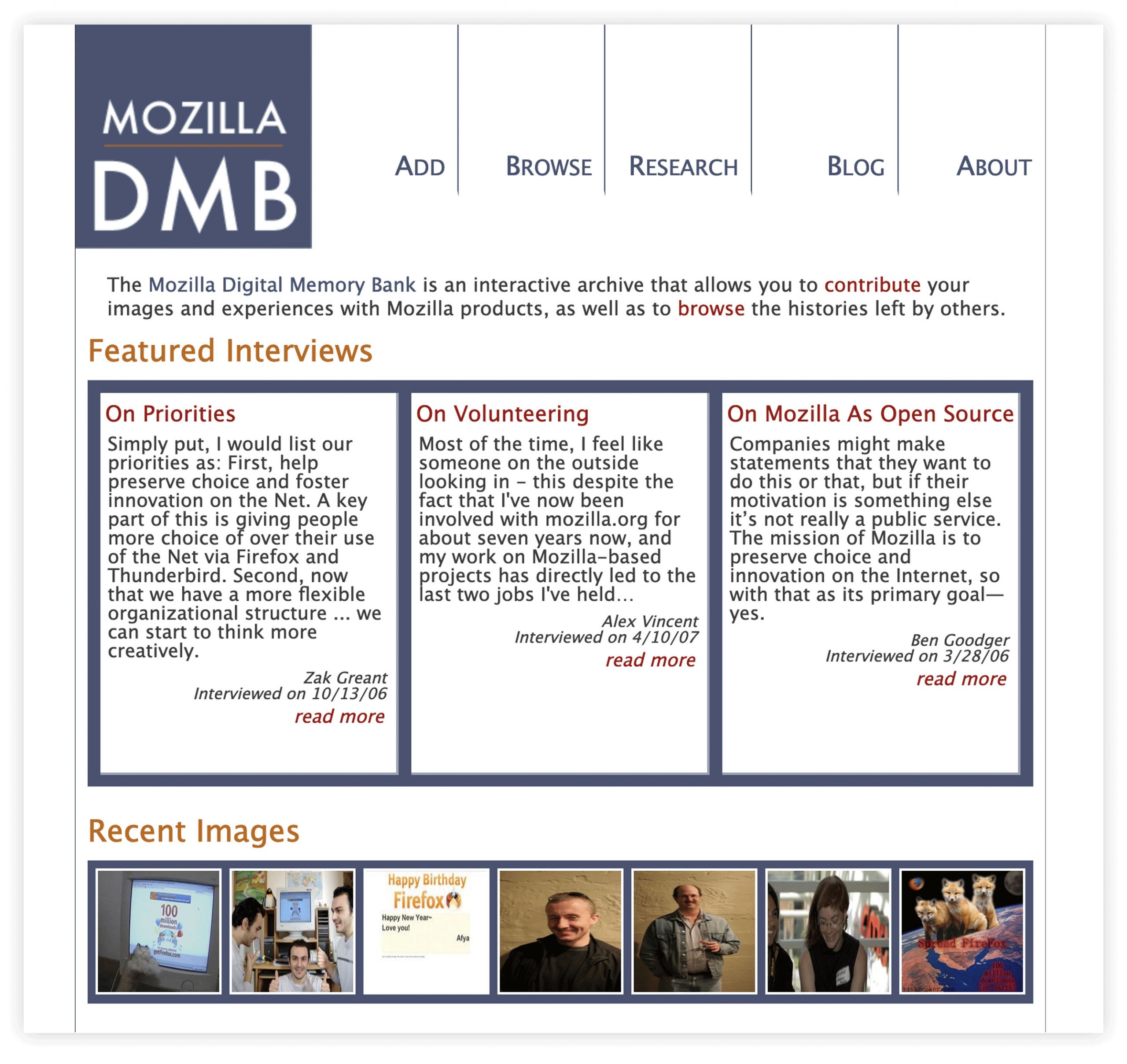 Screengrab of Mozilla Digital Memory Bank website home page.