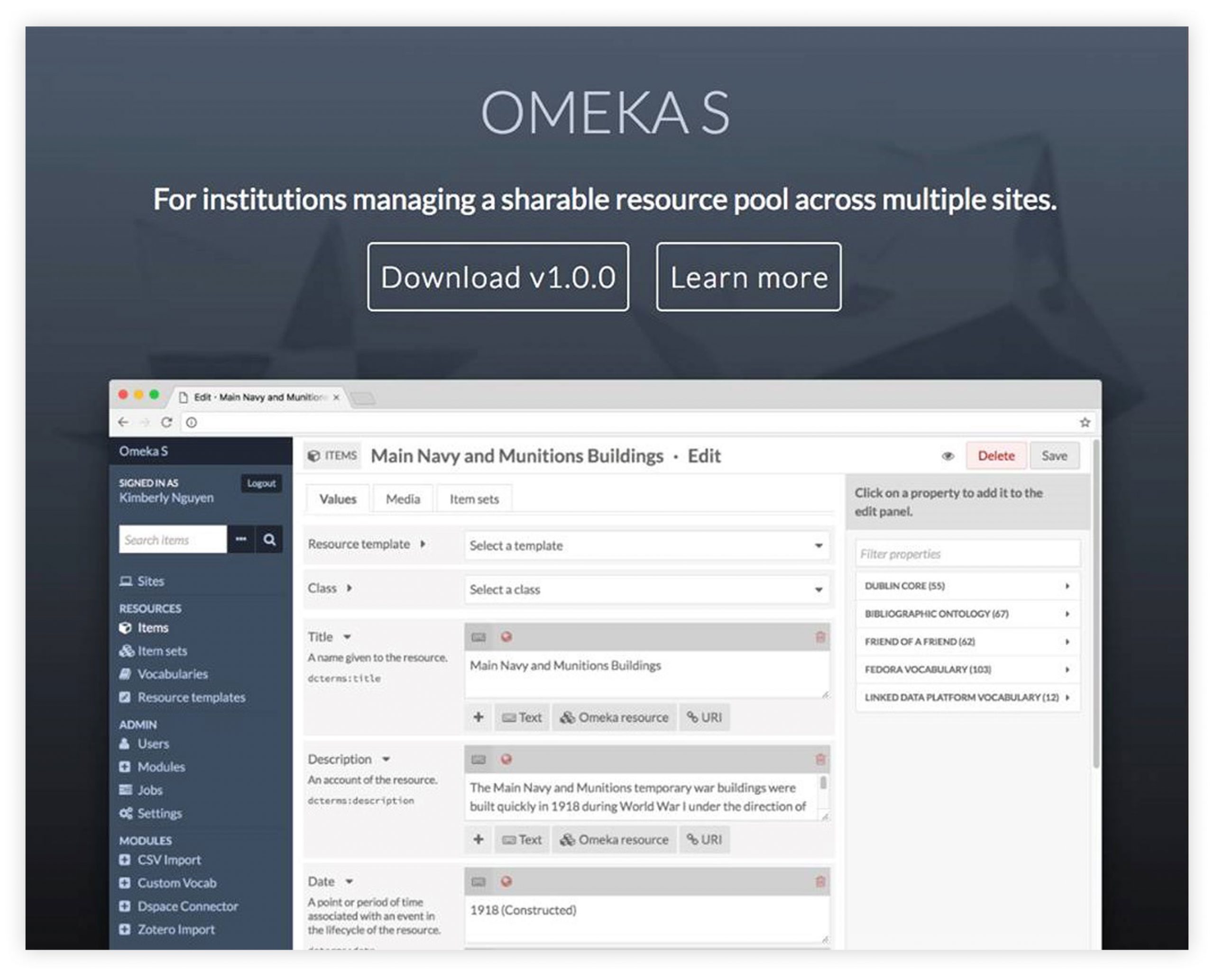 Screengrab of the Omeka website which reads, "OMEKA S — For institutions managing a sharable resource pool across multiple sites."
