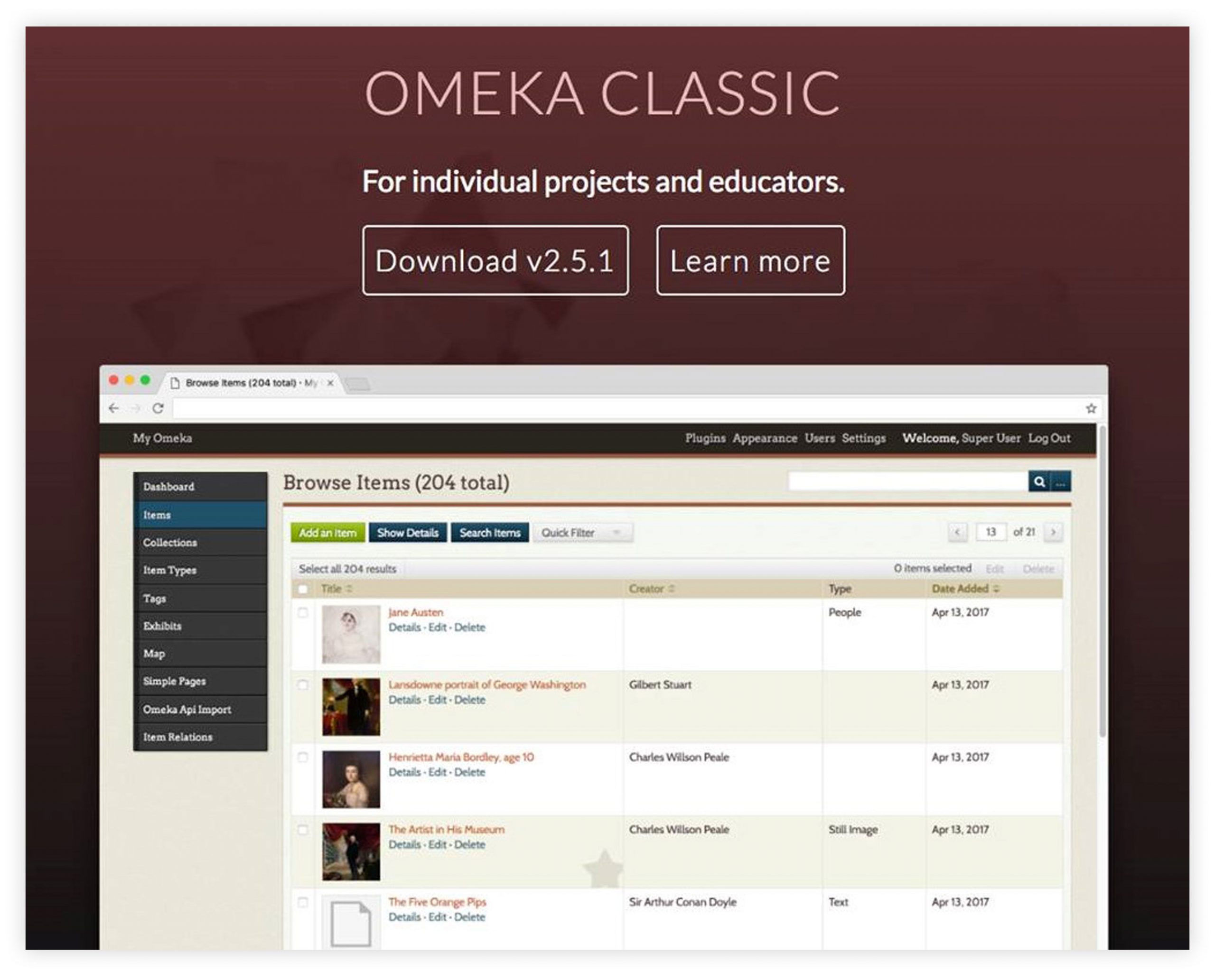 Screengrab of the Omeka website which reads, "OMEKA CLASSIC — For individual projects and educators."