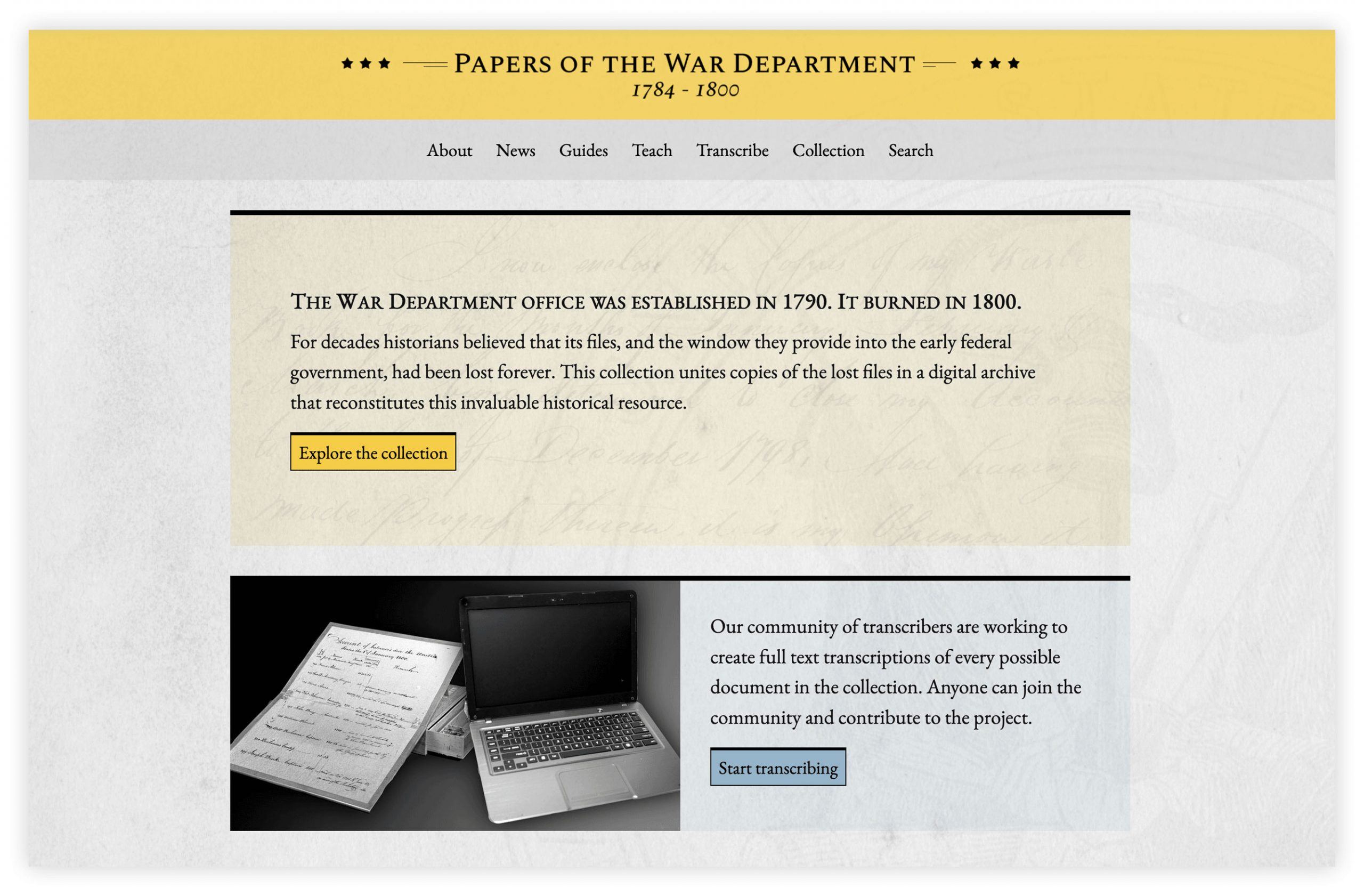 Screengrab of the Papers of the War Department website About page.