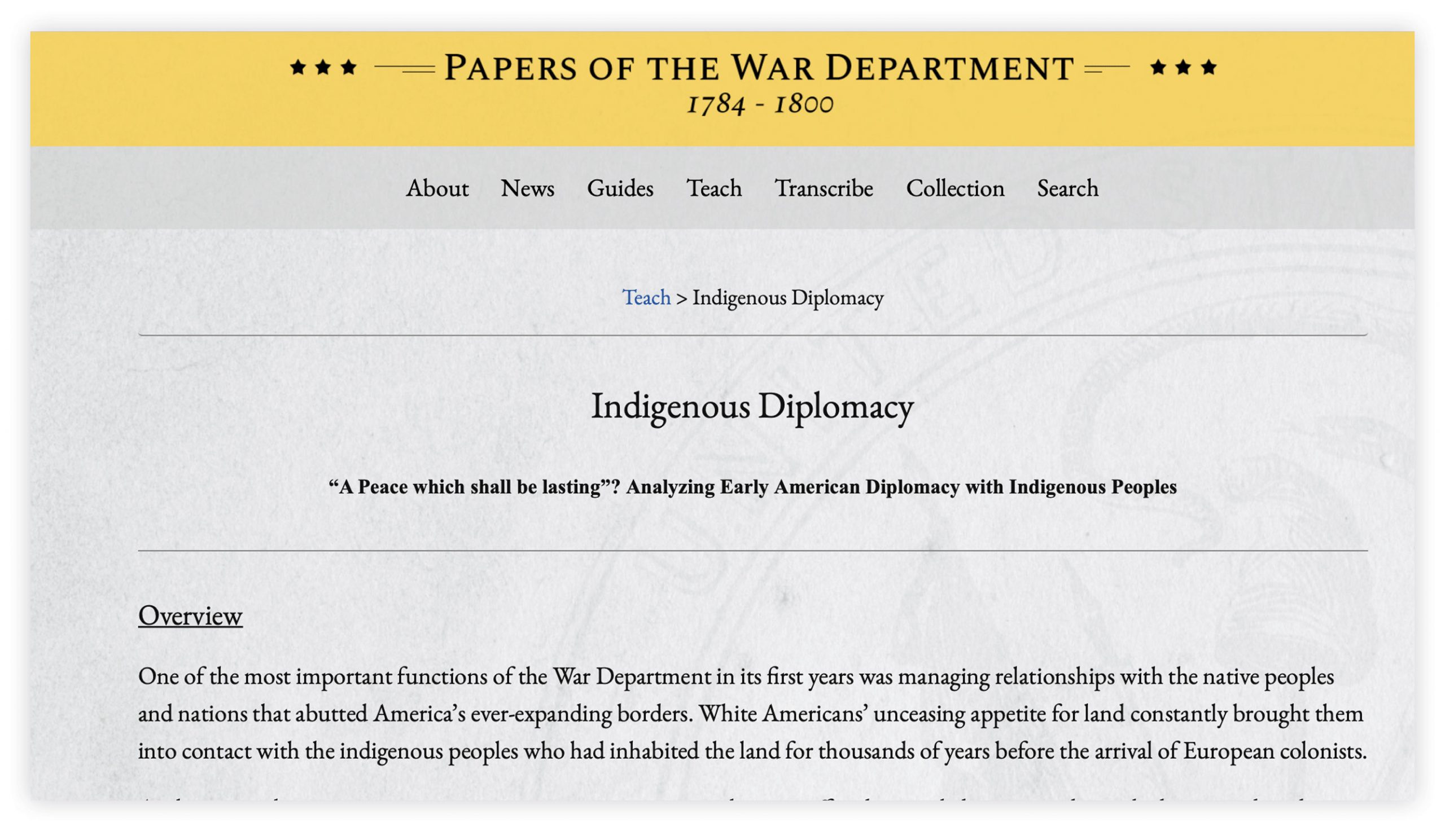 Screengrab of the Papers of the War Department website home page.