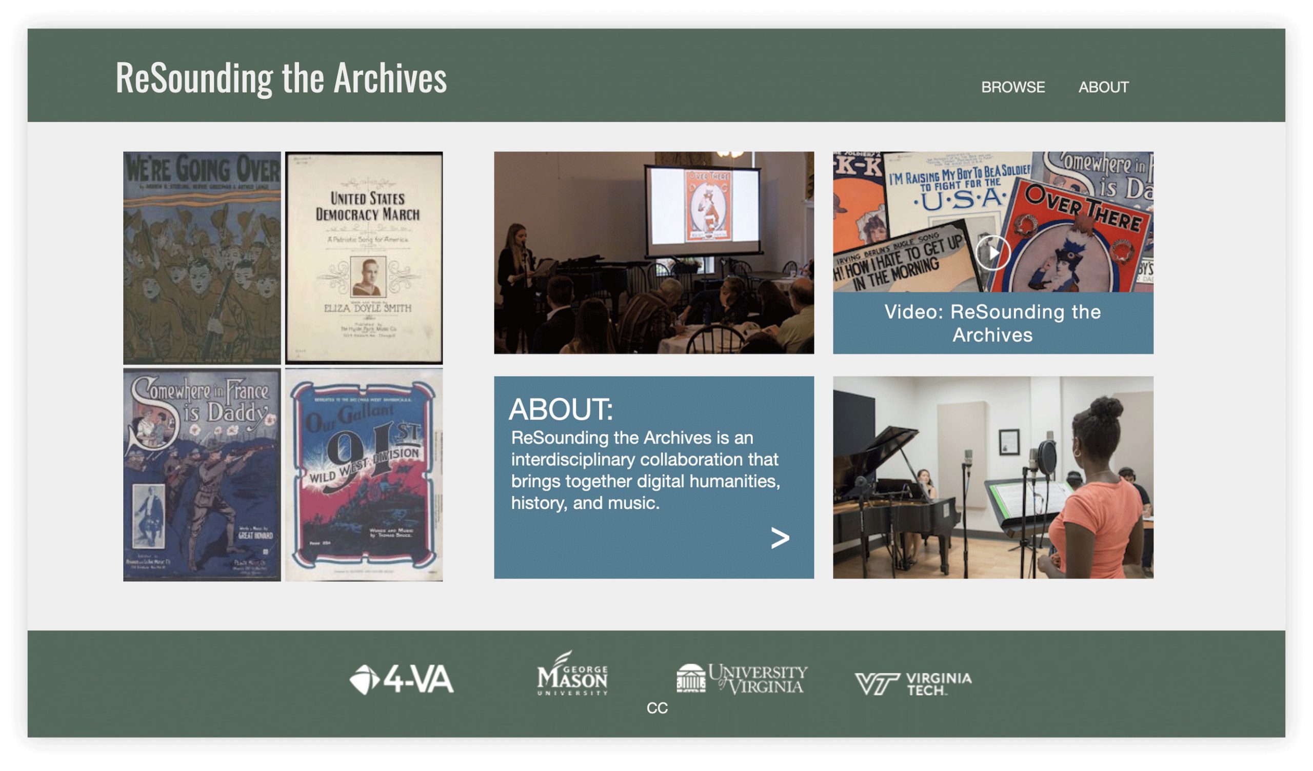 Screengrab of the ReSounding the Archives home page.