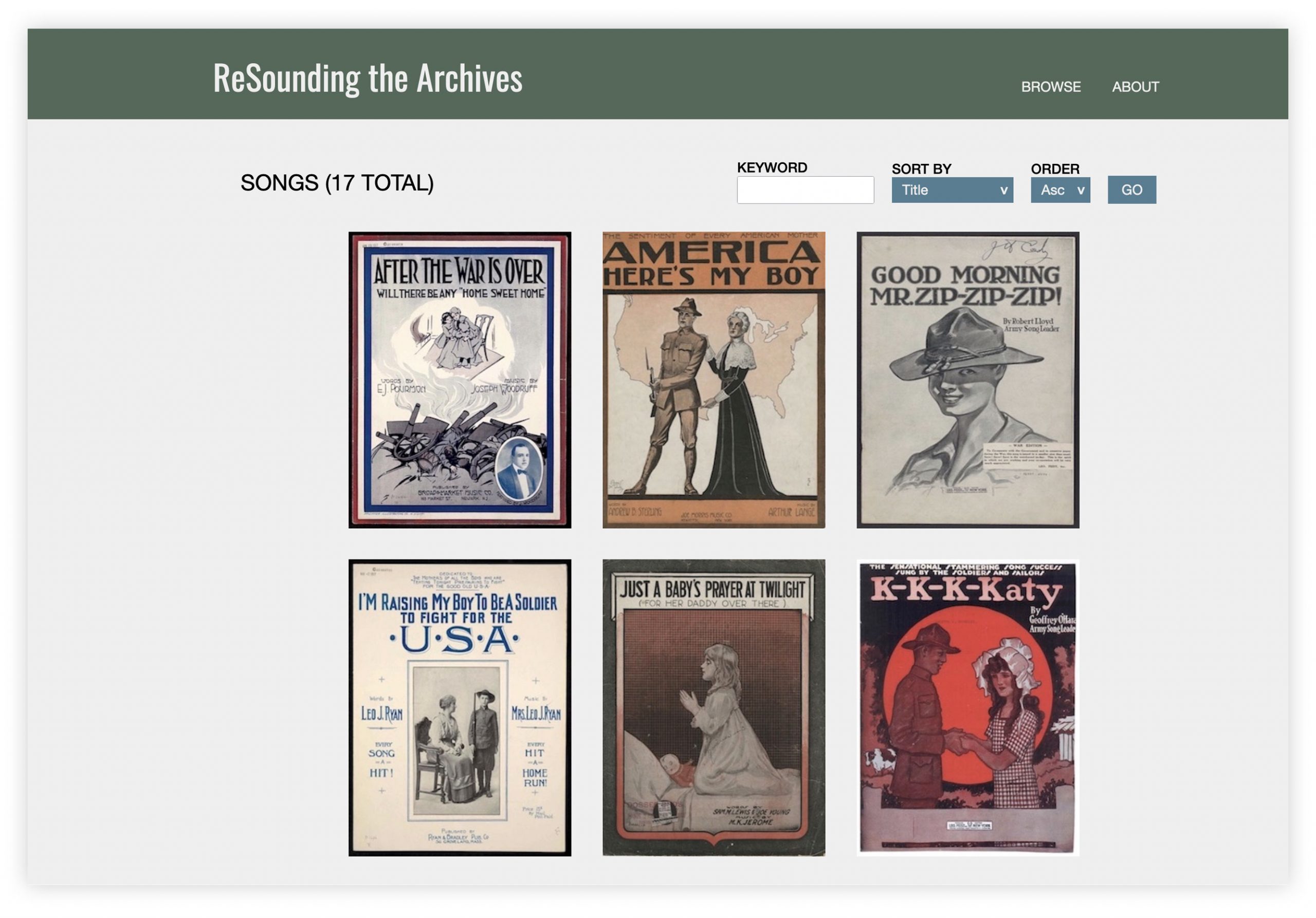 Screengrab of the ReSounding the Archives website Songs page.
