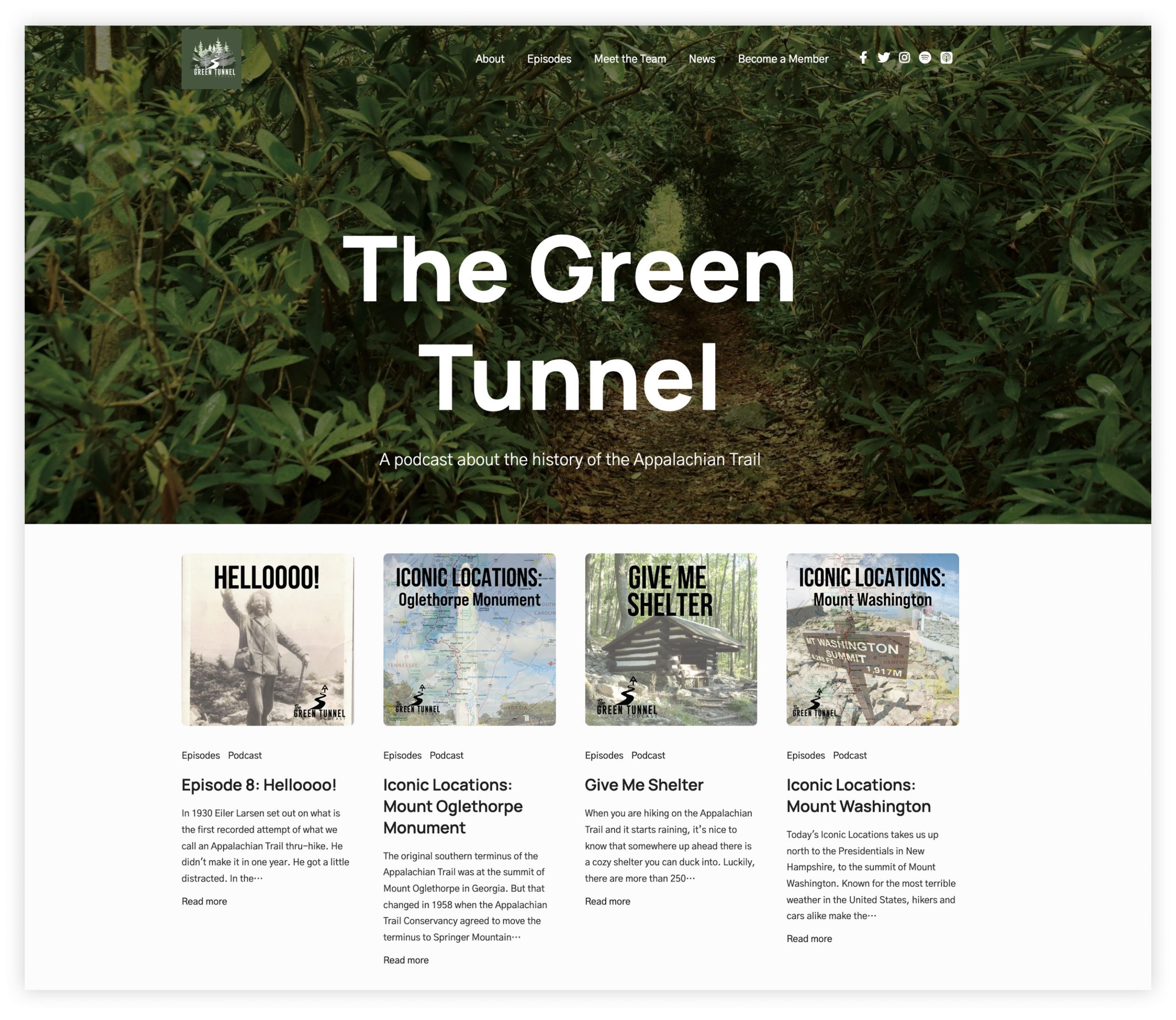 Screengrab of The Green Tunnel podcast website landing page which reads, "A podcast about the history of the Appalachian Trail."