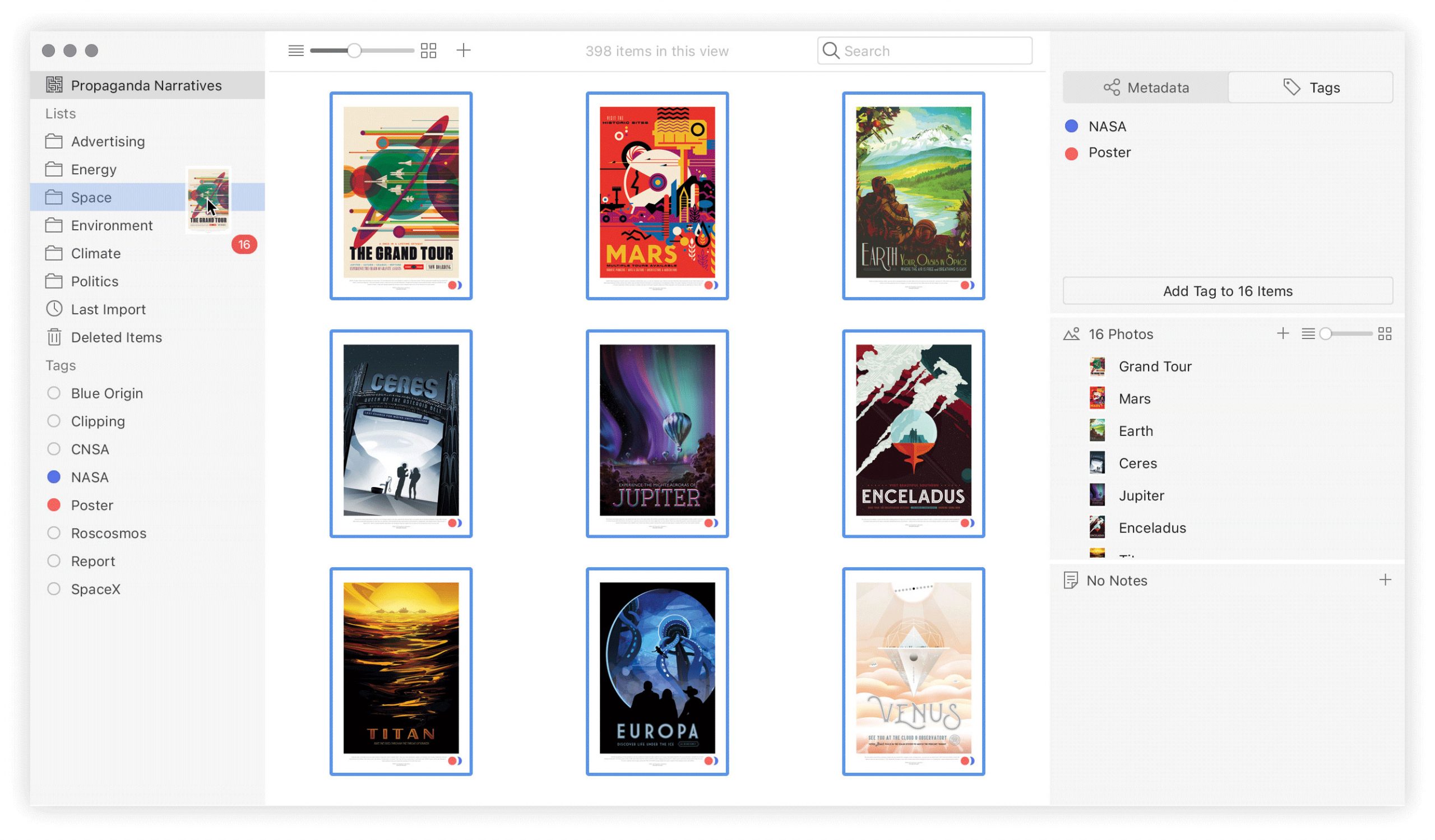 A screenshot of Tropy’s interface, in grid view, showing several items being added to a list by dragging and dropping. The items are space posters from NASA.