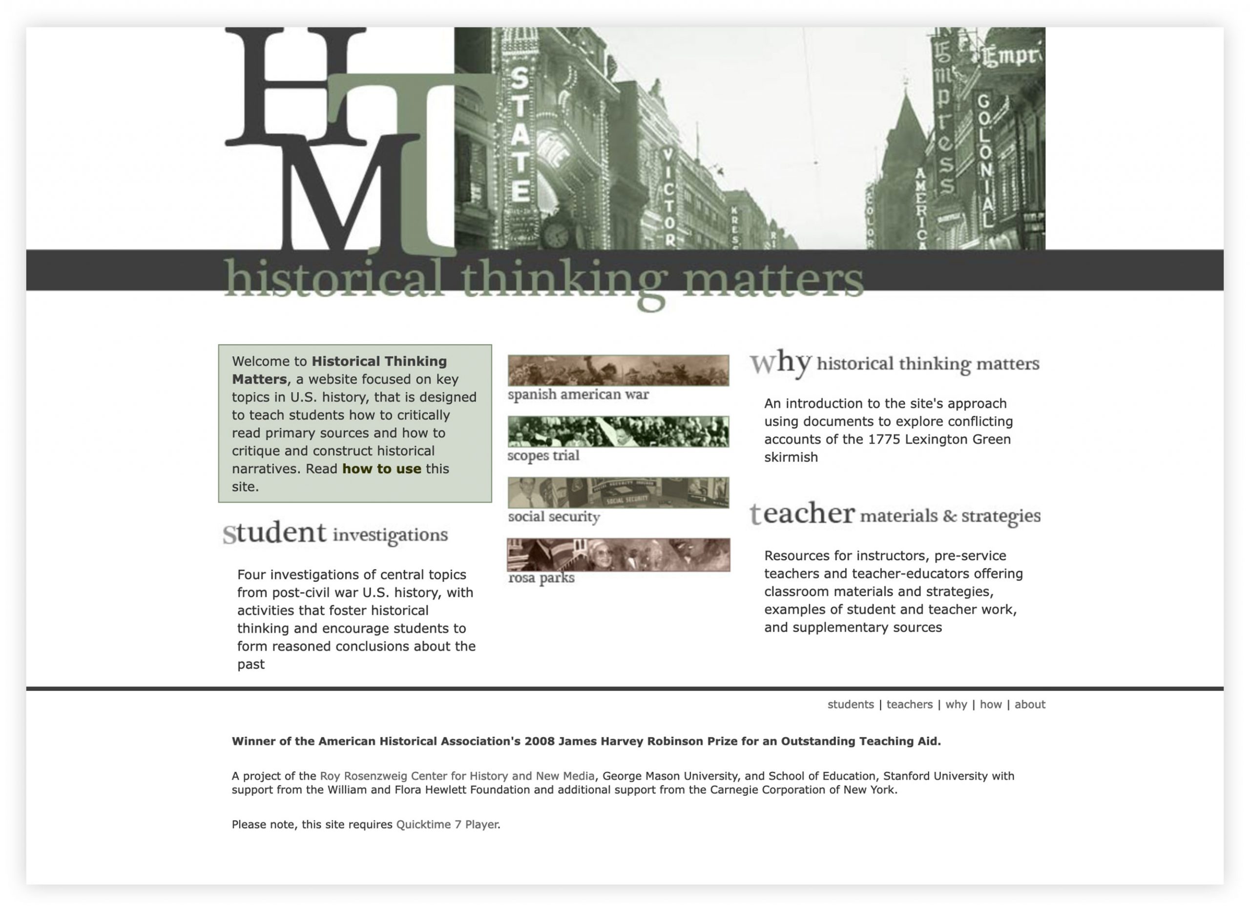Screengrab of the Historical Thinking Matters website home page.