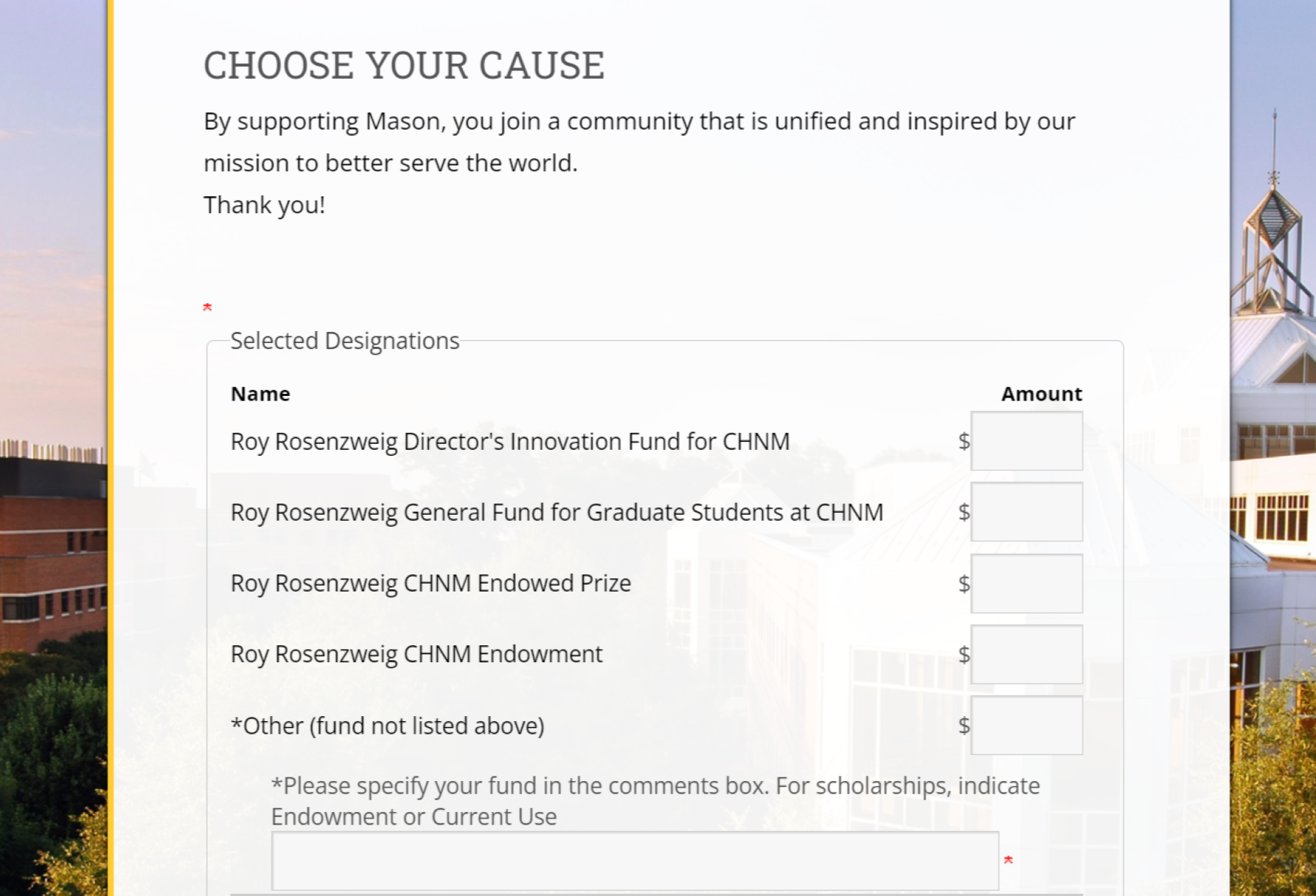 Image of RRCHNM's Donation Page that highlights the different funds donors can select when giving to the center.